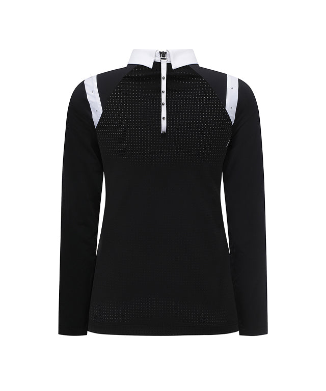 Black long t-shirt for women with shoulder point design and zipper decoration, perfect for golf and casual wear.