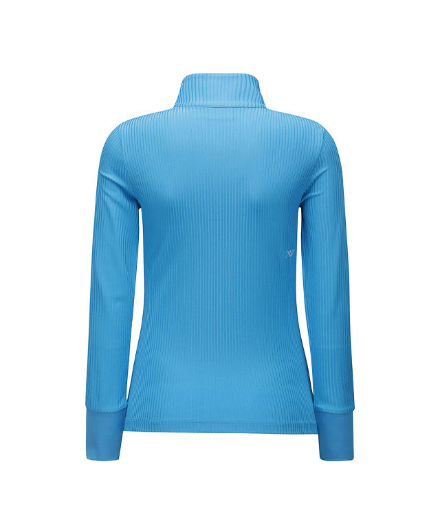 Light blue women's long t-shirt with zipper and ribbed design, perfect for golf and casual wear.