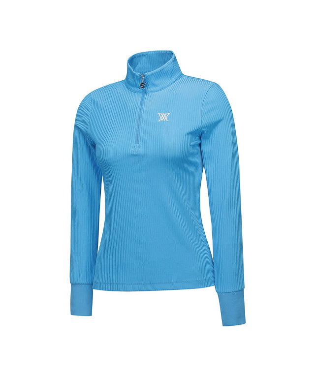 Light blue women's long t-shirt with zipper and ribbed design, perfect for golf and casual wear.
