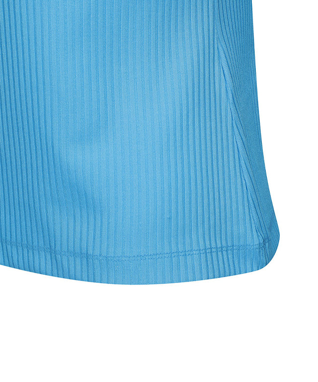 Light blue women's long t-shirt with zipper and ribbed design, perfect for golf and casual wear.