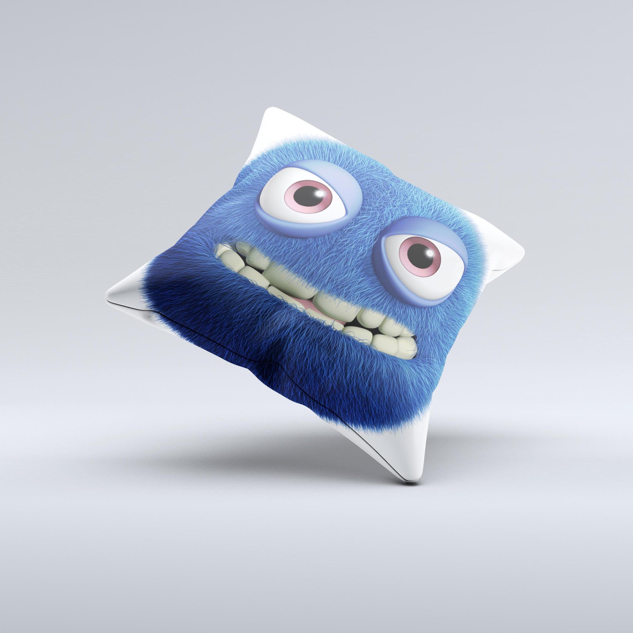 Angry Blue Fury Monster decorative throw pillow featuring vibrant colors and unique design, handcrafted in Virginia.
