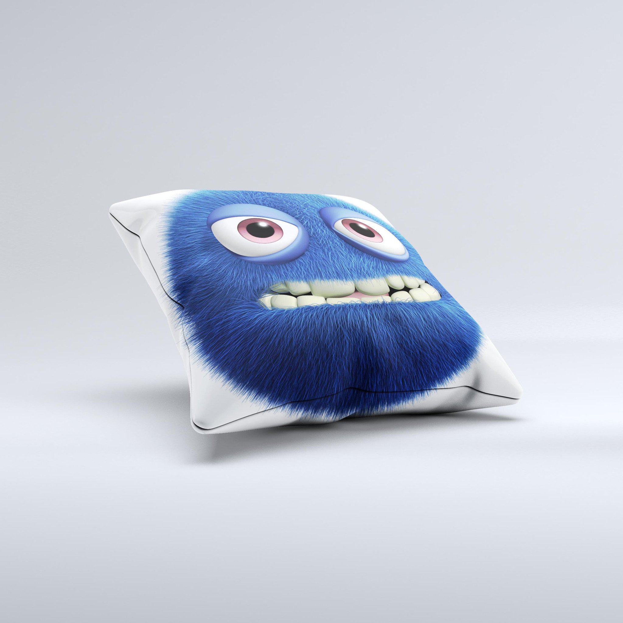 Angry Blue Fury Monster decorative throw pillow featuring vibrant colors and unique design, handcrafted in Virginia.