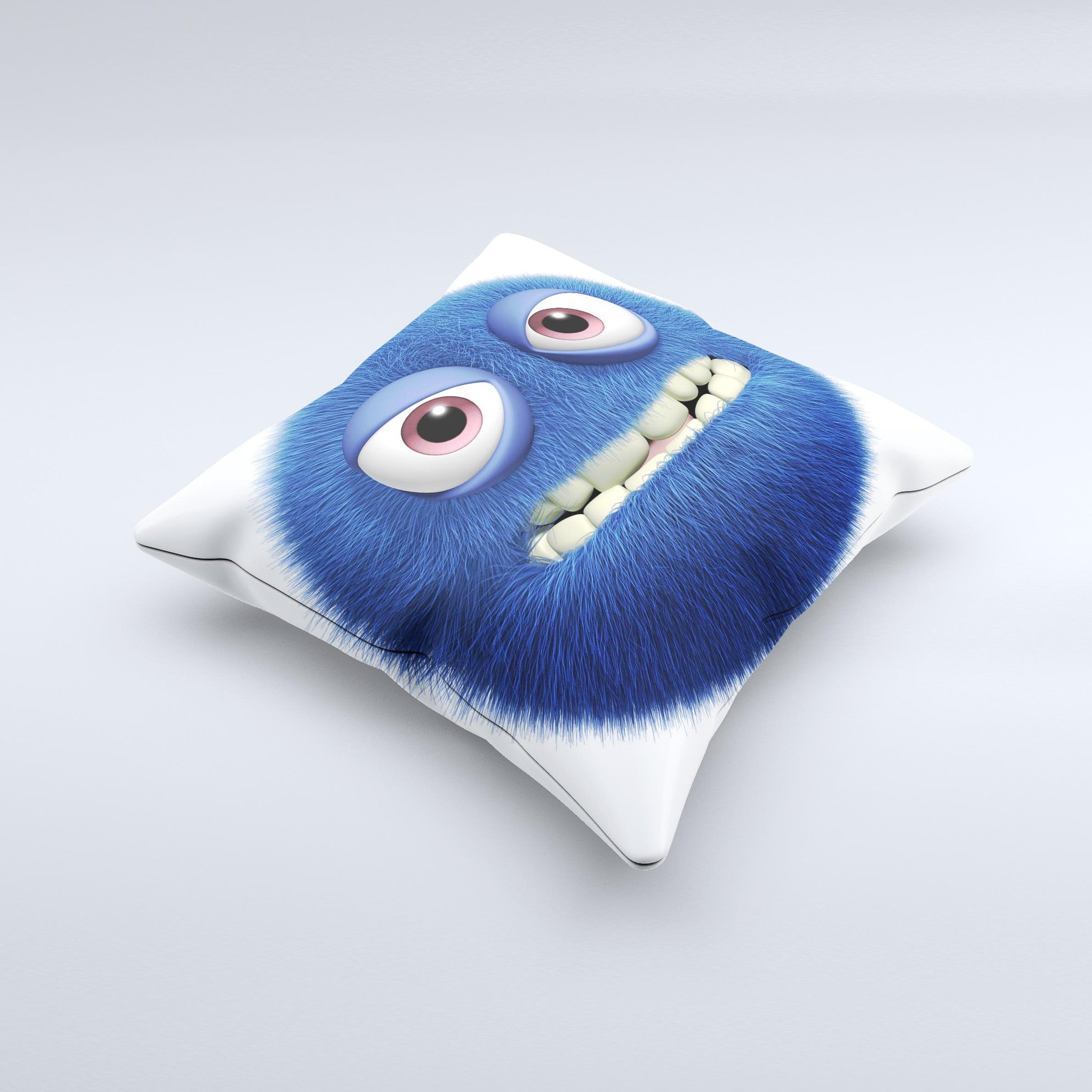 Angry Blue Fury Monster decorative throw pillow featuring vibrant colors and unique design, handcrafted in Virginia.