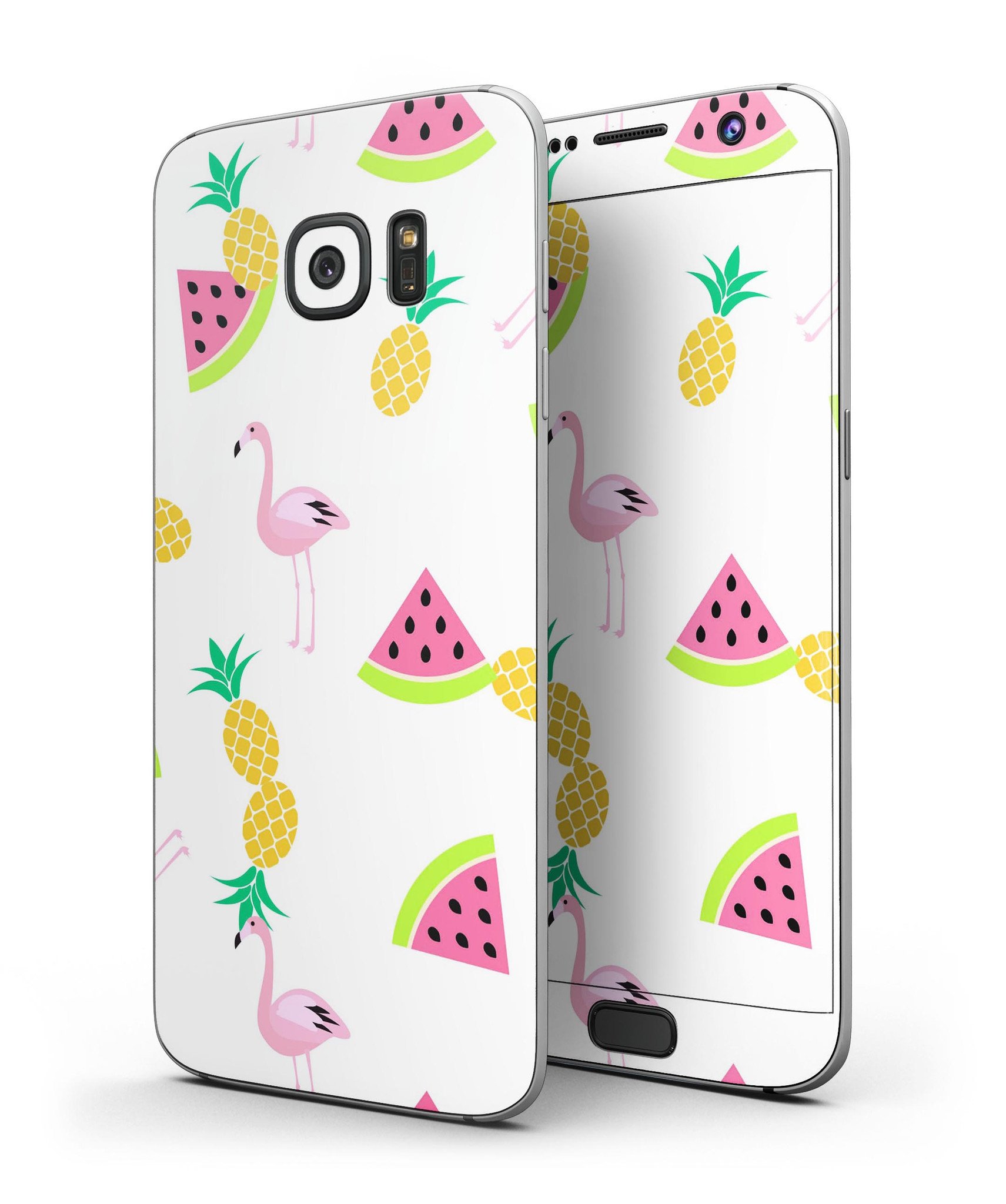 Animated Flamingos and Fruit skin kit for Samsung Galaxy S7/S7 Edge, showcasing vibrant colors and premium vinyl material.