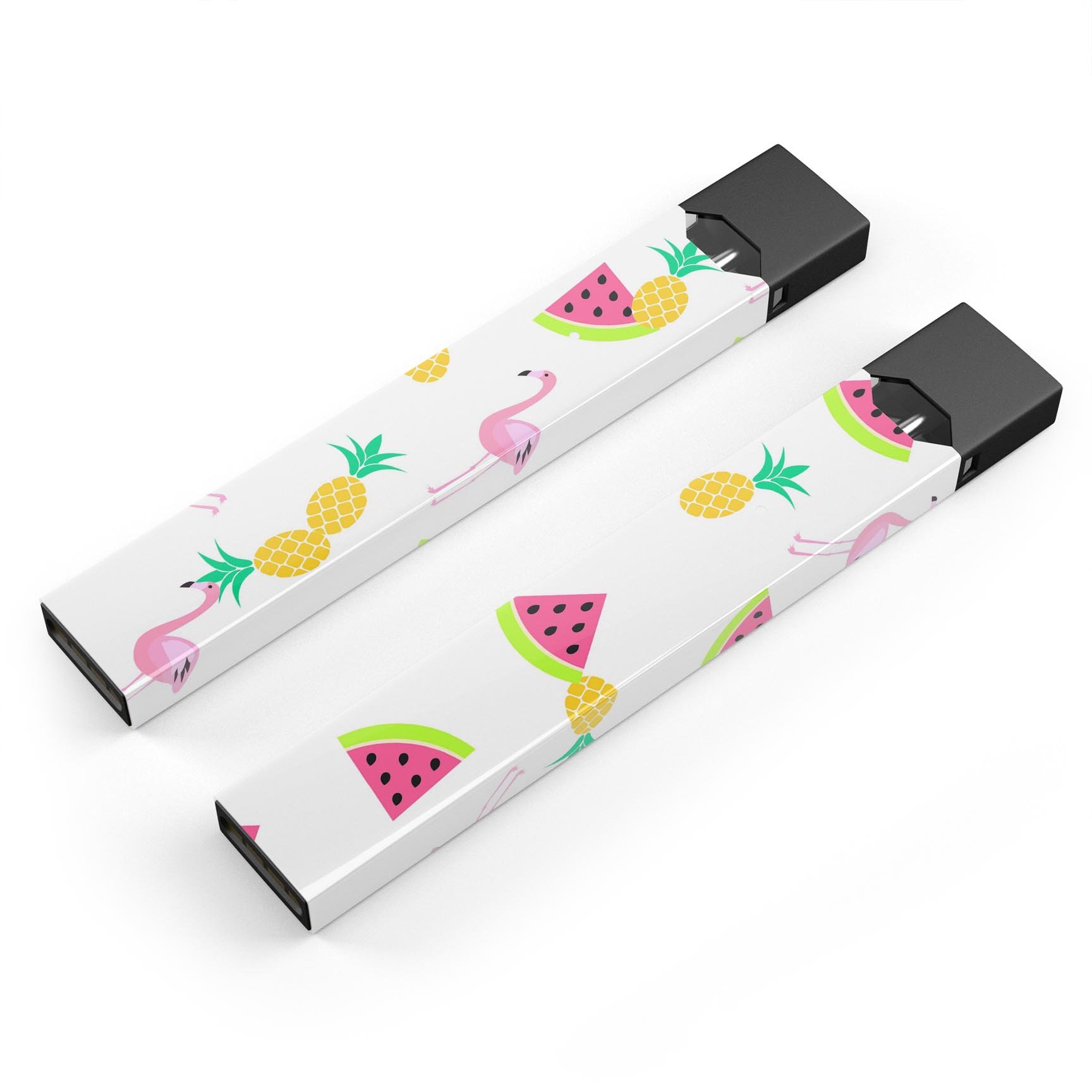 Colorful animated flamingos and fruit design skin-wrap for JUUL vaping device, showcasing vibrant colors and a protective layer.