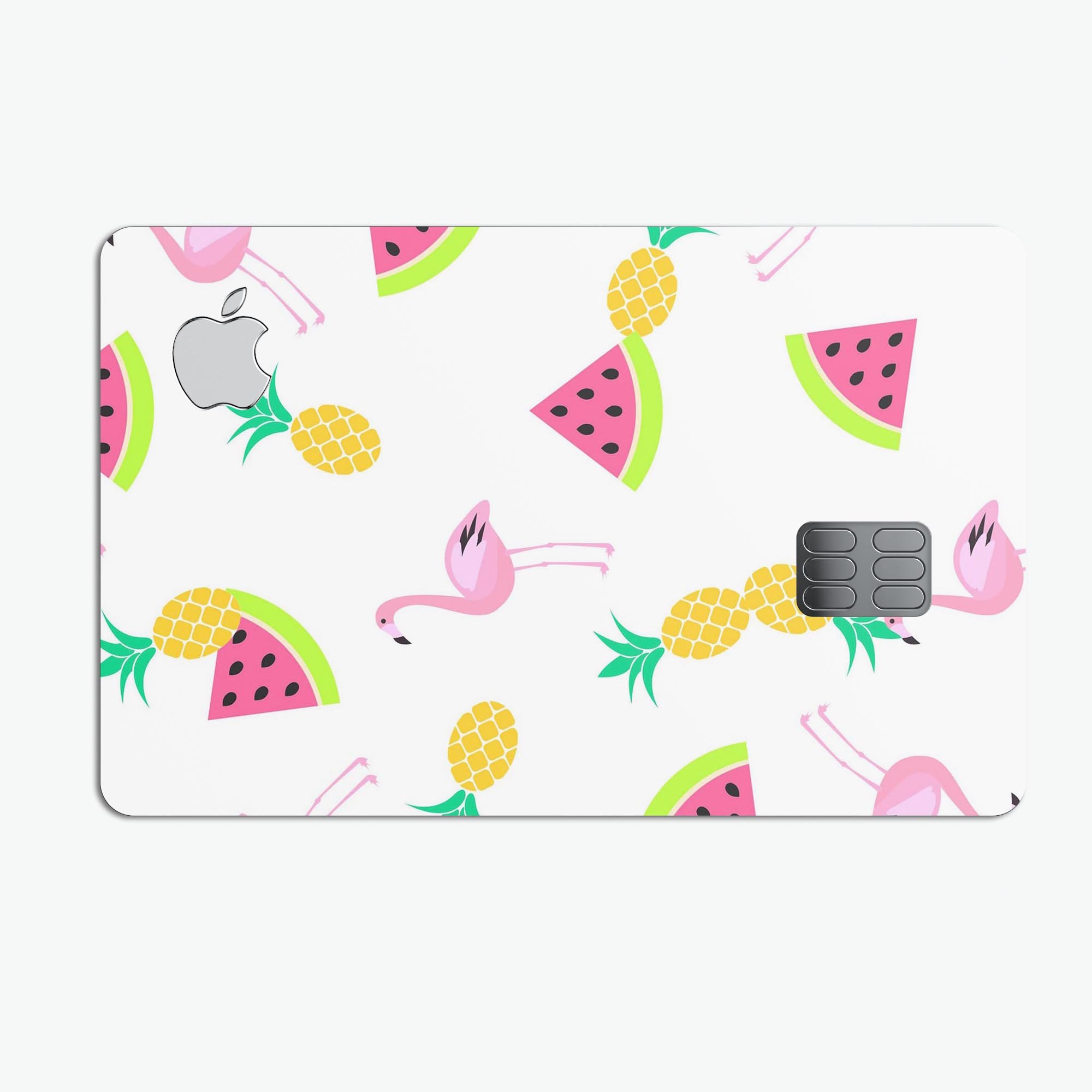 Animated flamingos and fruit design on a premium protective decal skin for Apple Card, showcasing vibrant colors and a stylish finish.