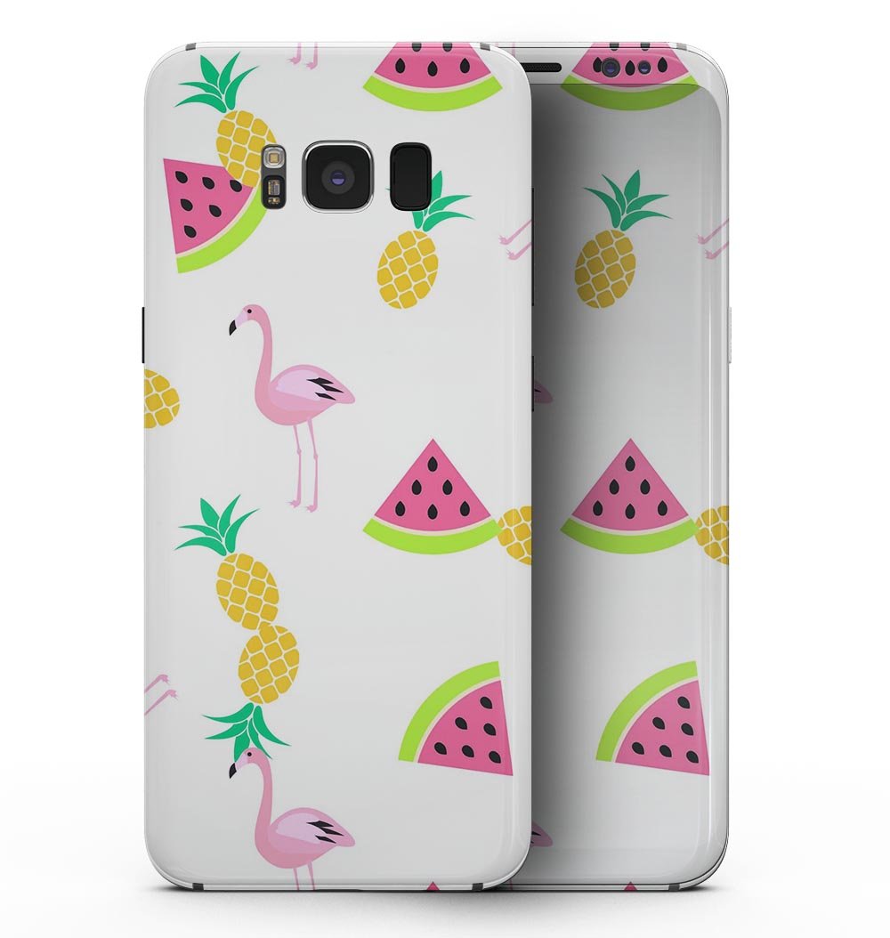 Samsung Galaxy S8 with Animated Flamingos and Fruit skin, showcasing vibrant colors and unique design.