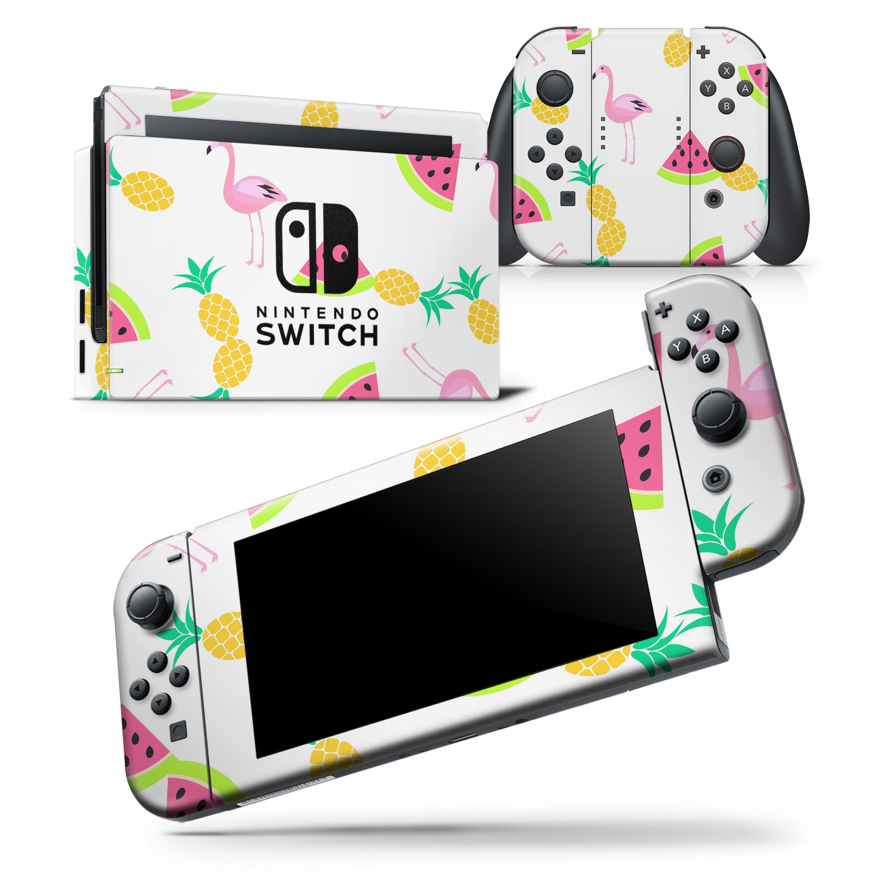 Colorful animated flamingos and fruit skin wrap decal for Nintendo Switch, showcasing vibrant design and premium quality.