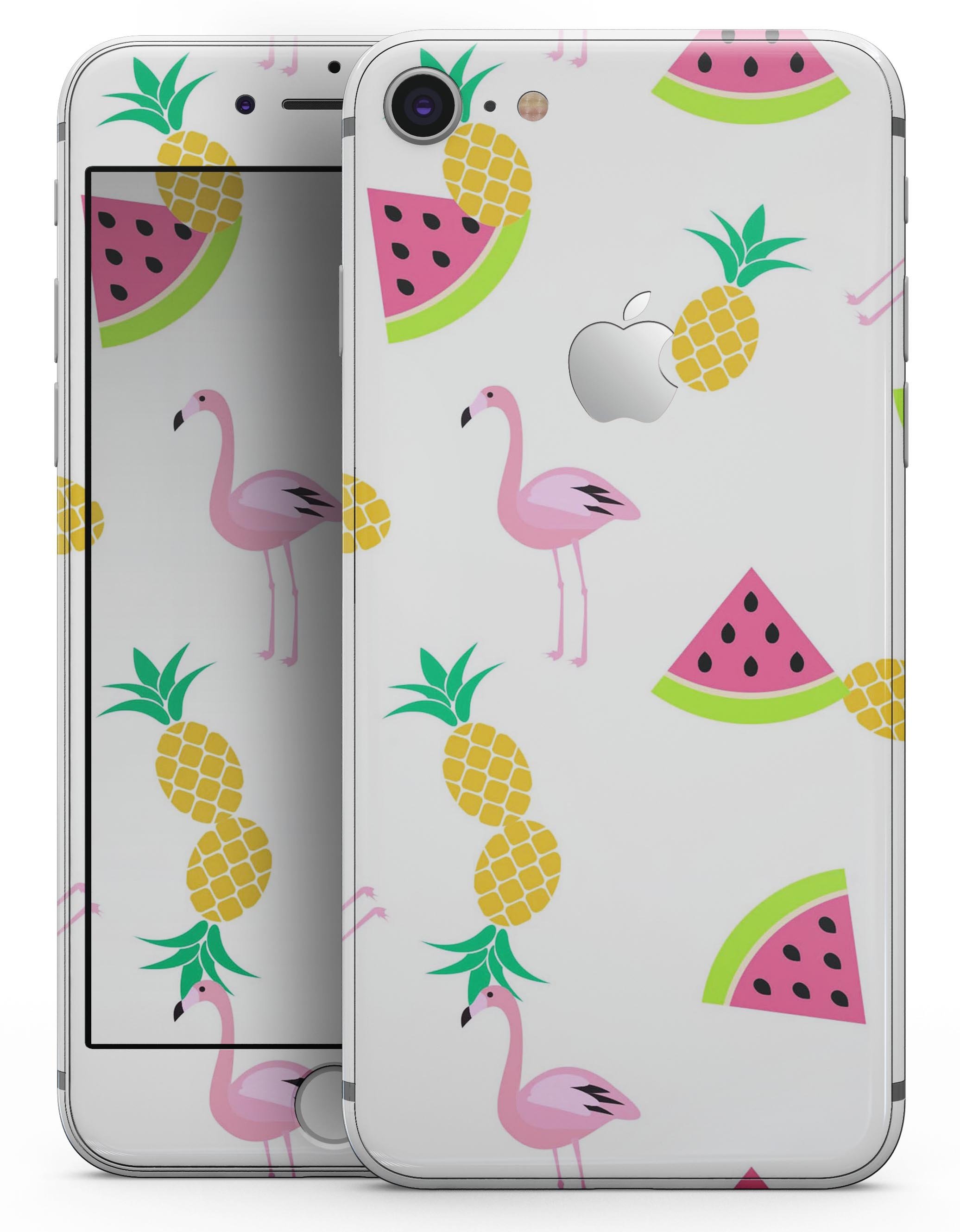 Colorful animated flamingos and fruit skin for iPhone 8 and 8 Plus, showcasing vibrant design and premium vinyl material.