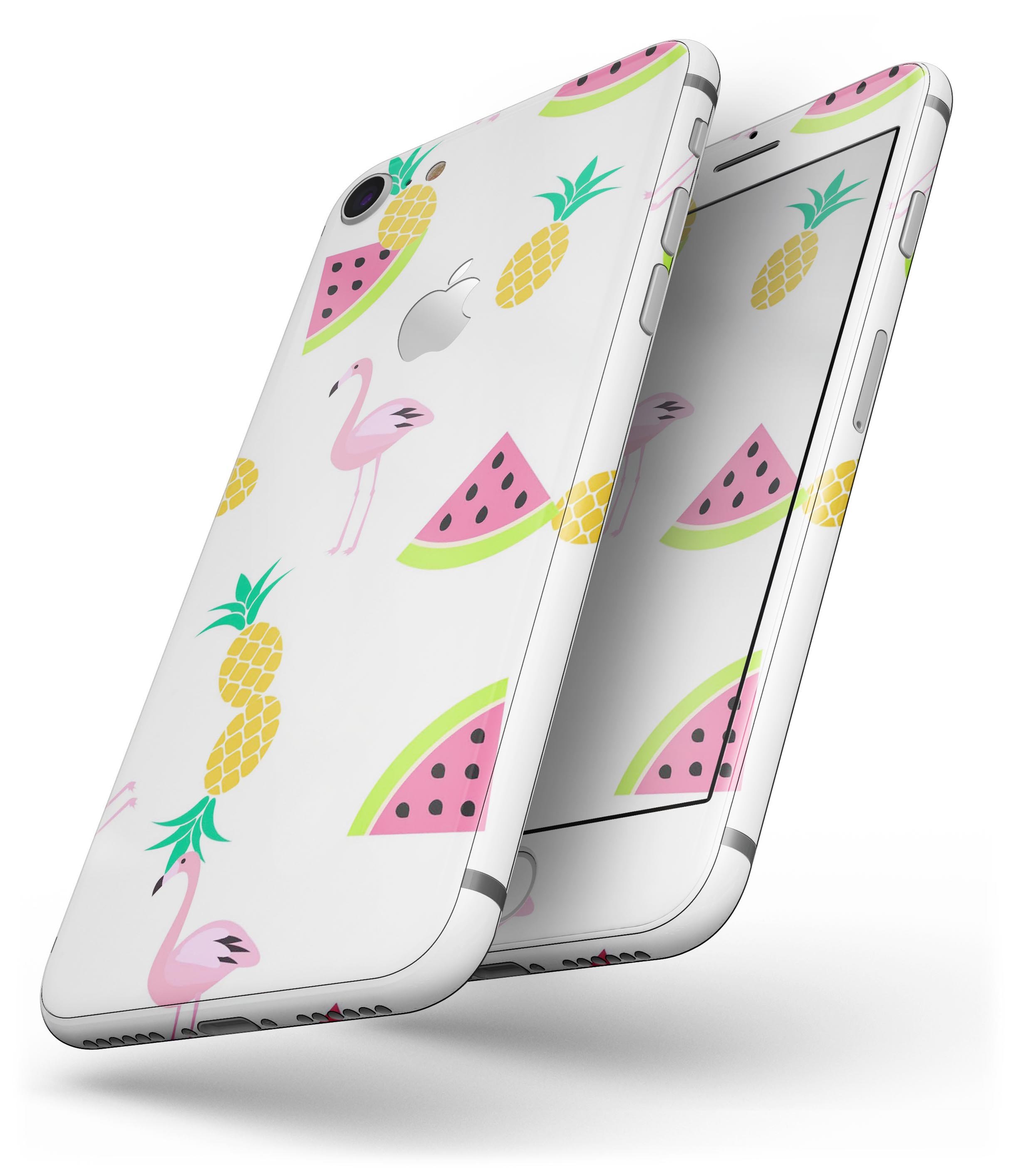 Colorful animated flamingos and fruit skin for iPhone 8 and 8 Plus, showcasing vibrant design and premium vinyl material.