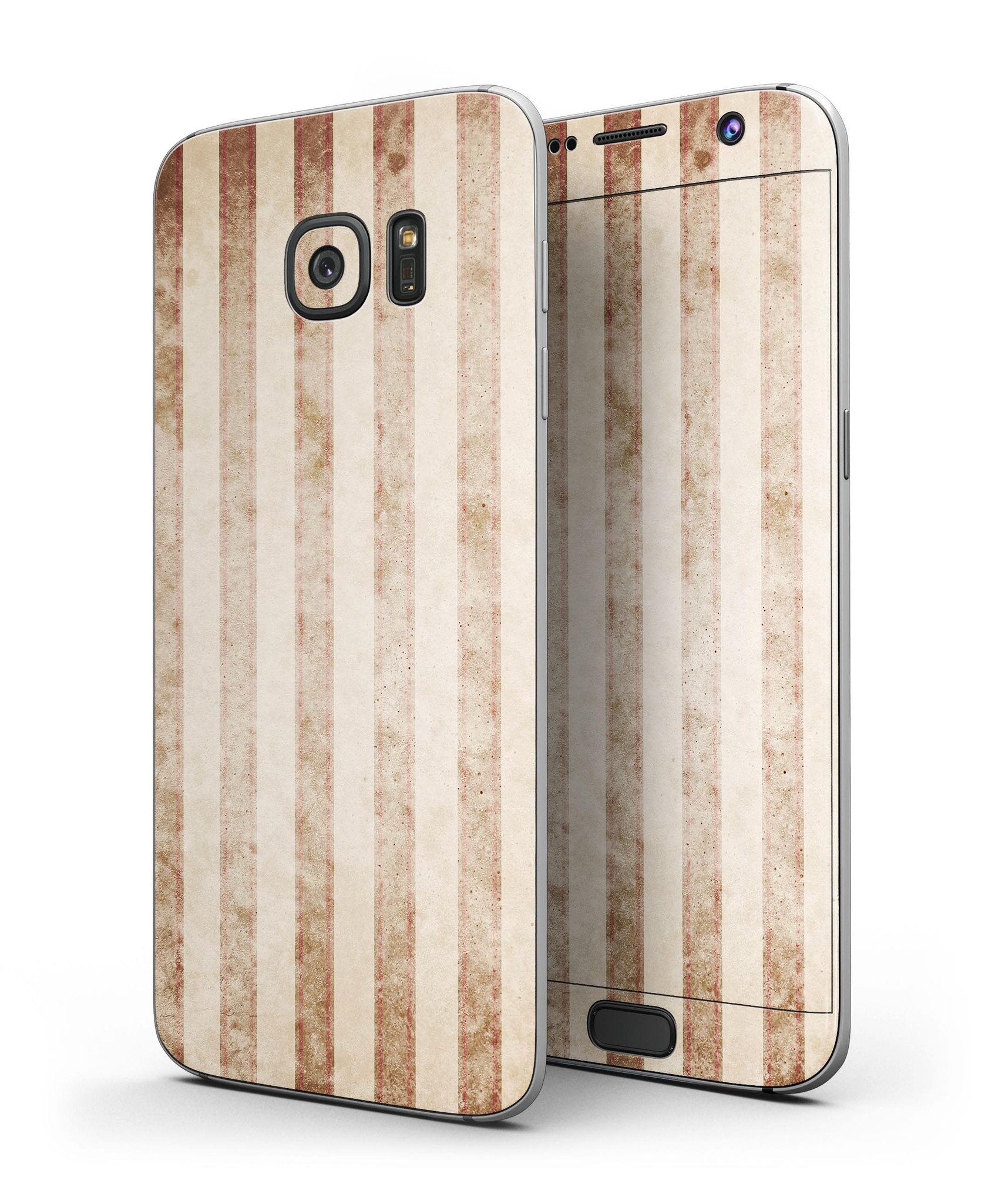 Antique Brown and White Vertical Stripes Skin-Kit for Samsung Galaxy S7/S7 Edge, showcasing full-body coverage and stylish design.