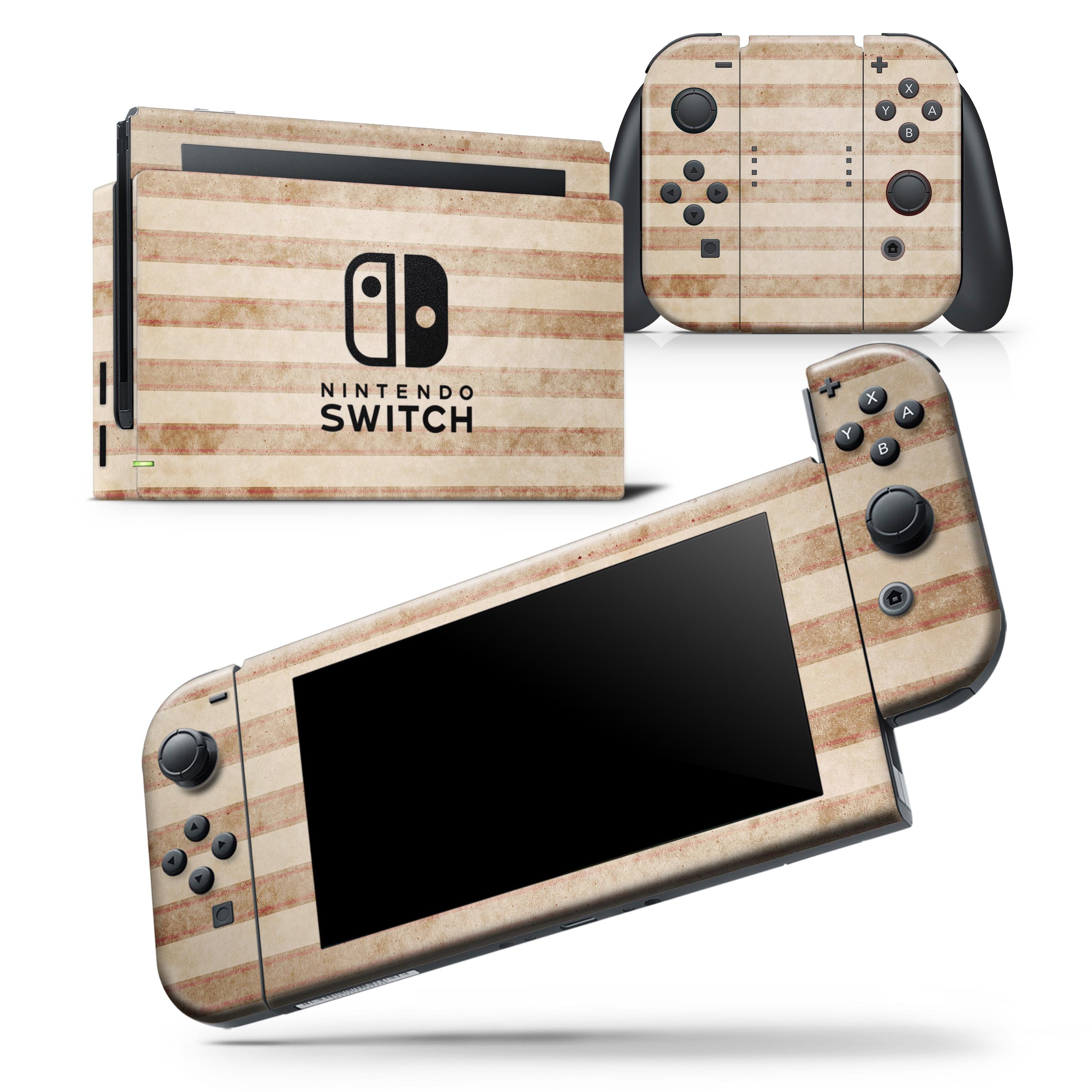 Antique brown and white vertical stripes skin wrap decal for Nintendo Switch, showcasing a stylish design that fits snugly on the console and controllers.