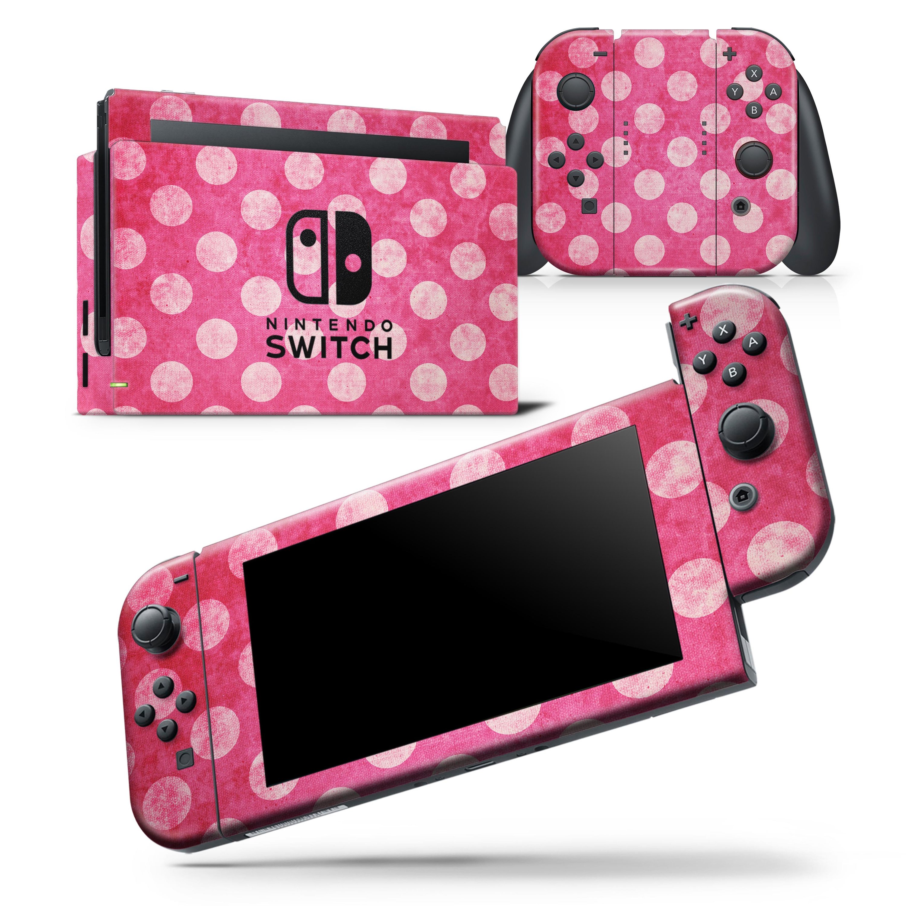 Antique Magenta and Pink Polkadotted Skin Wrap Decal for Nintendo Switch, showcasing vibrant colors and a unique design.
