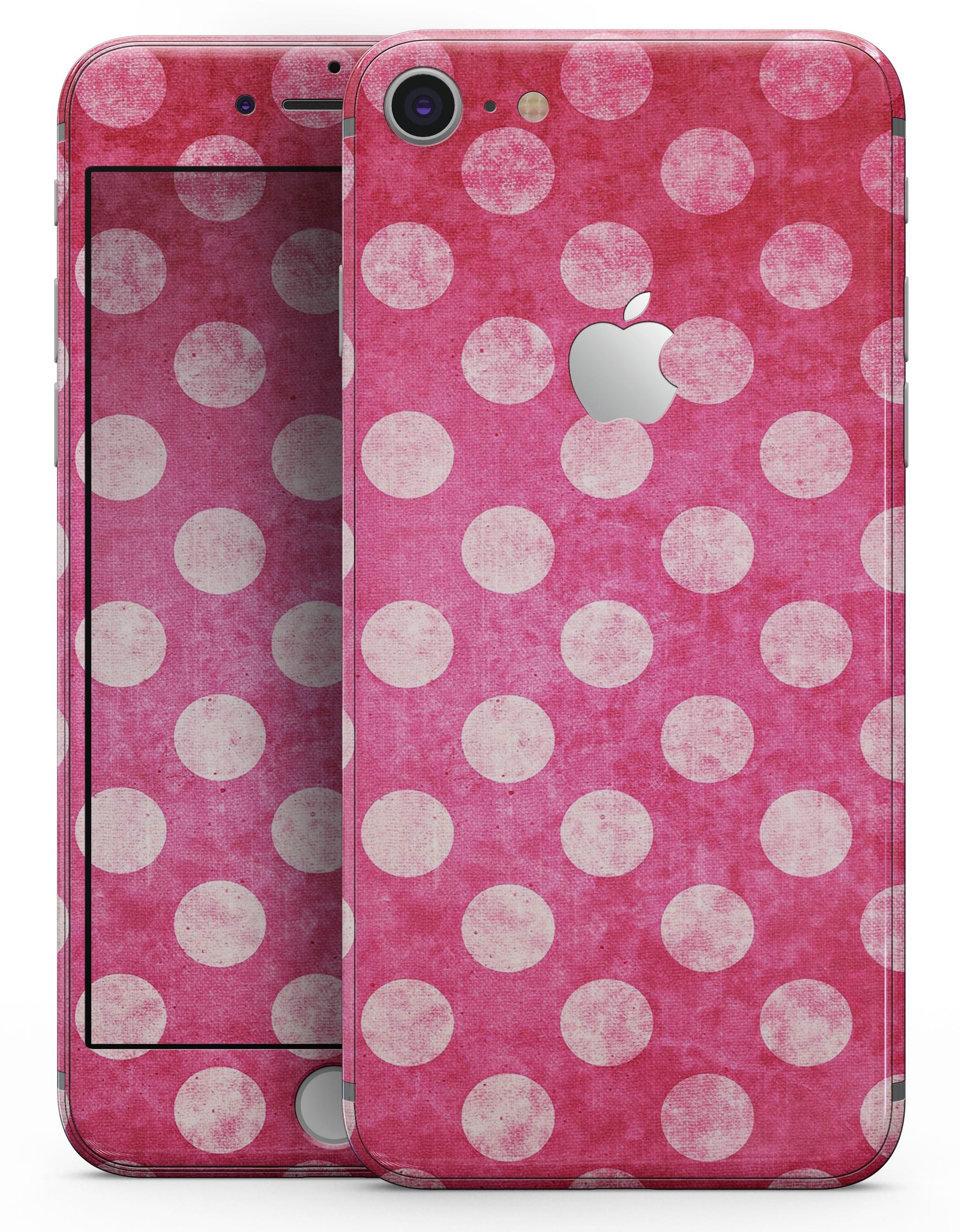 Antique magenta and pink polkadotted skin for iPhone 8 and 8 Plus, showcasing vibrant colors and stylish design.