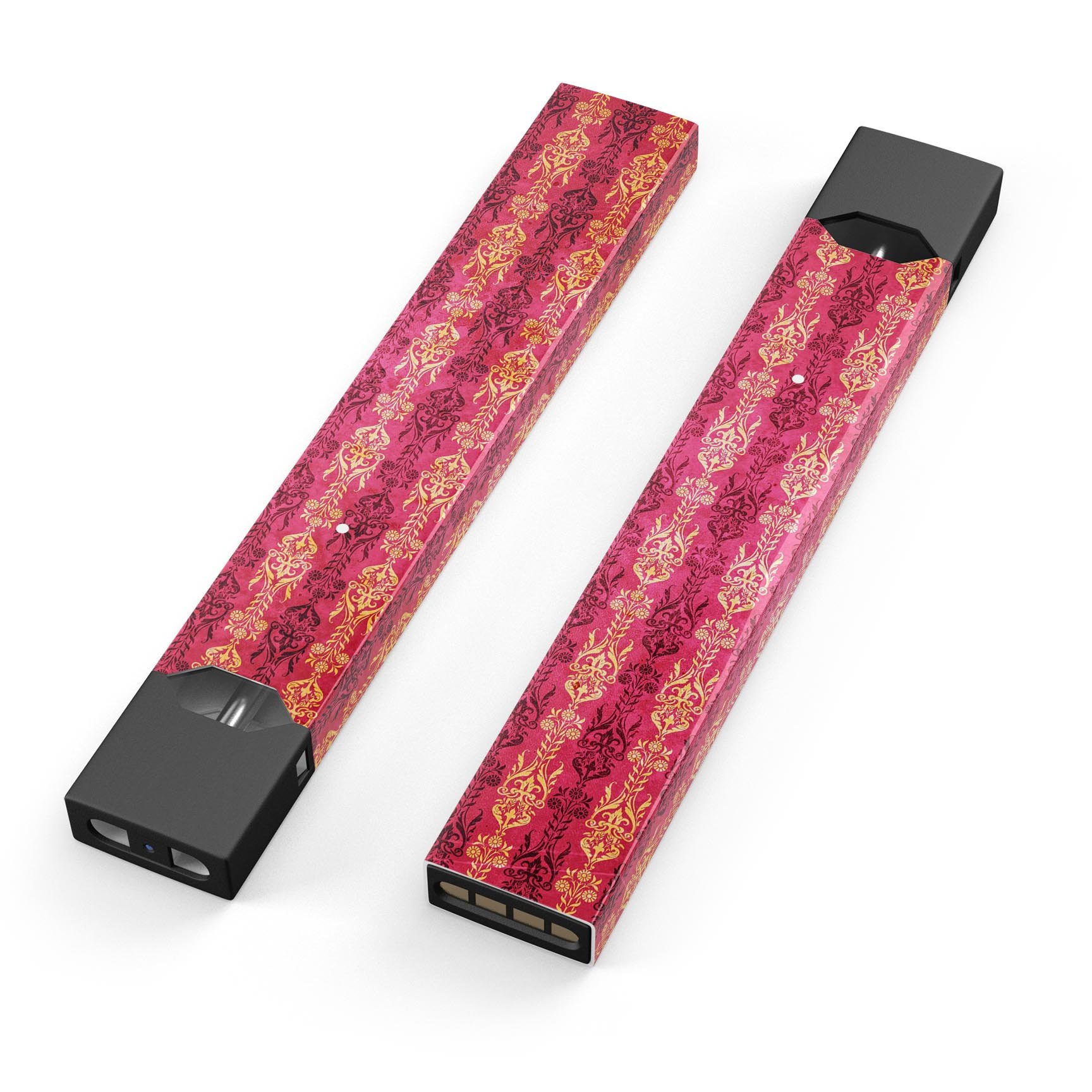 Antique Pink and Yellow Damask Pattern decal for JUUL vaping device, showcasing intricate design and premium quality.