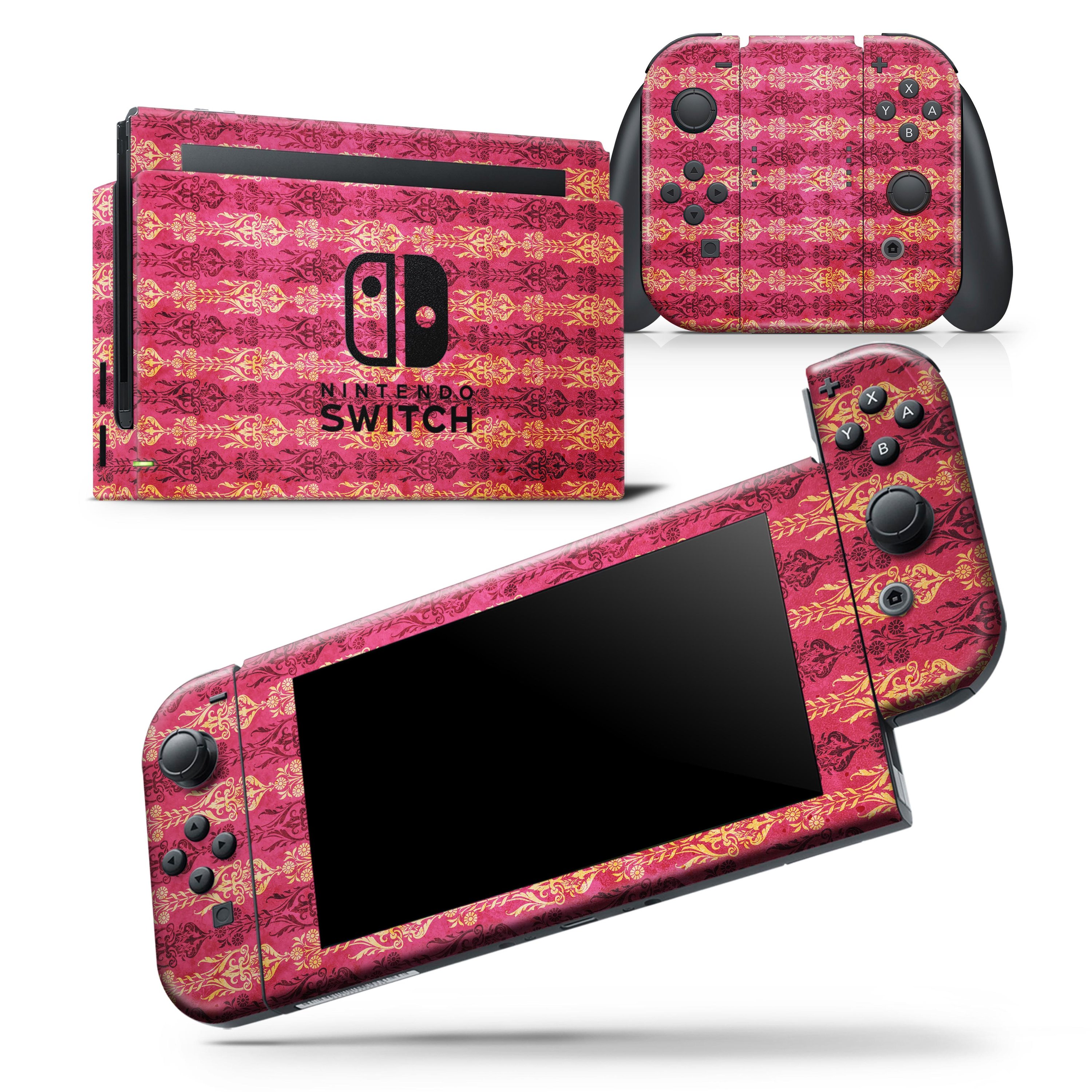 Antique Pink and Yellow Damask Pattern Skin Wrap Decal for Nintendo Switch, showcasing intricate design and premium quality.