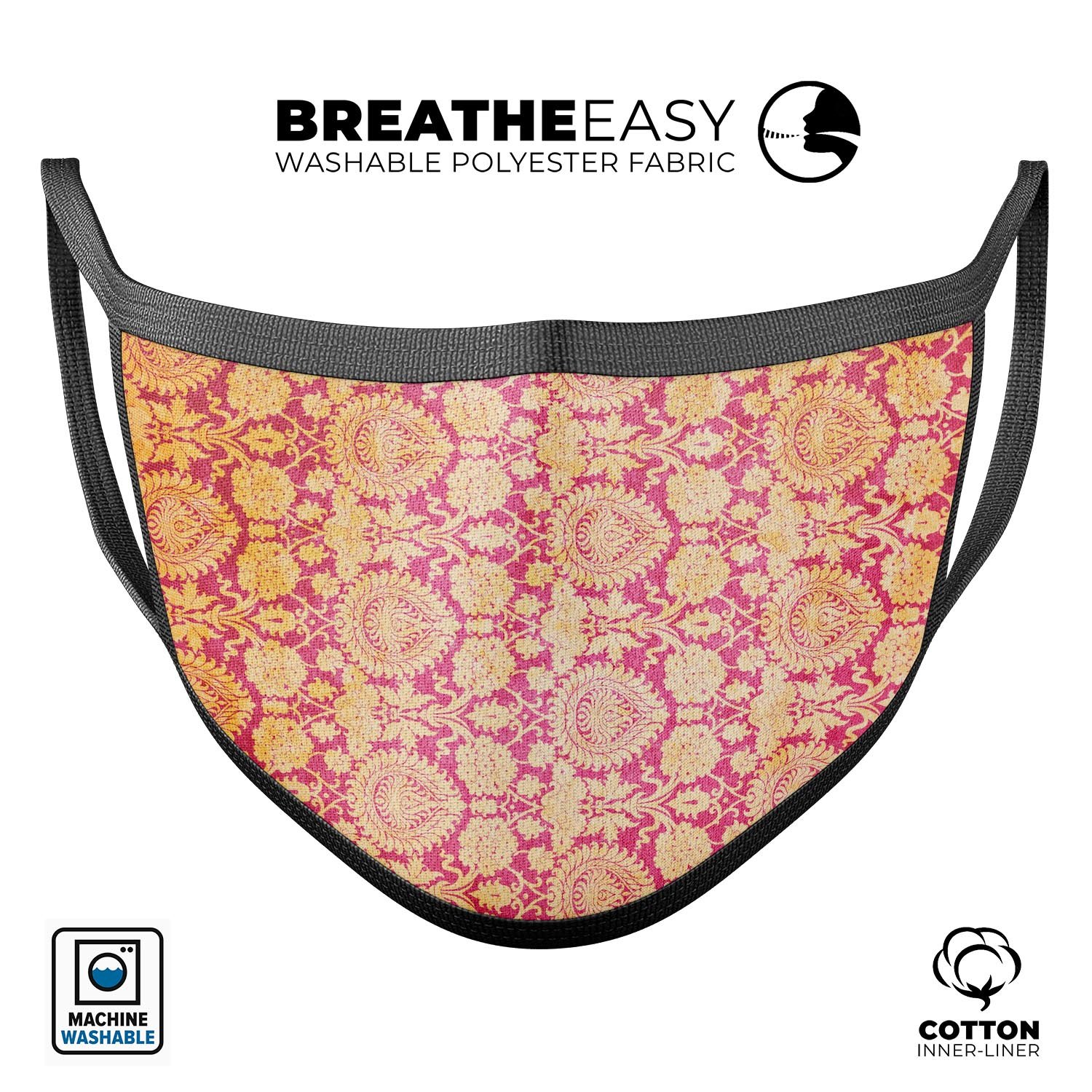 Antique Red and Orange Cauliflower Damask Pattern face mask, showcasing vibrant colors and intricate design, made from 100% cotton.