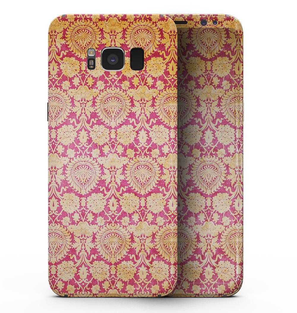 Samsung Galaxy S8 with Antique Red and Orange Cauliflower Damask Pattern skin, showcasing intricate design and vibrant colors.