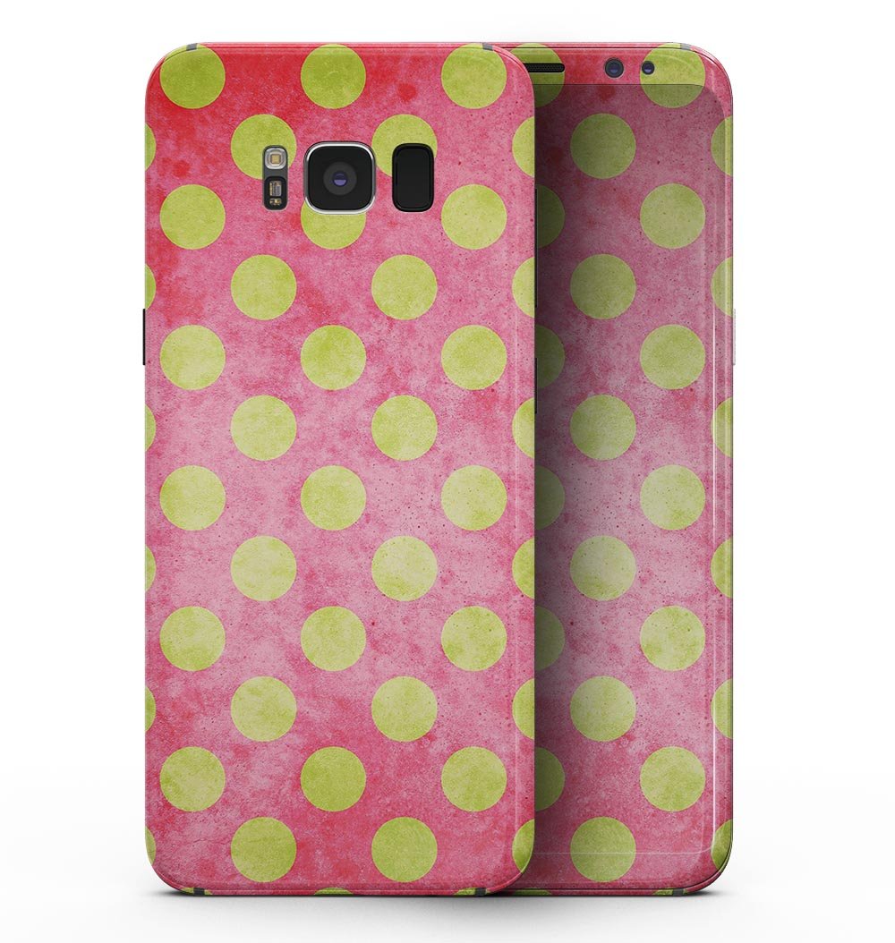 Samsung Galaxy S8 with Antique Red and Yellow Polkadot Pattern skin, showcasing vibrant colors and stylish design.