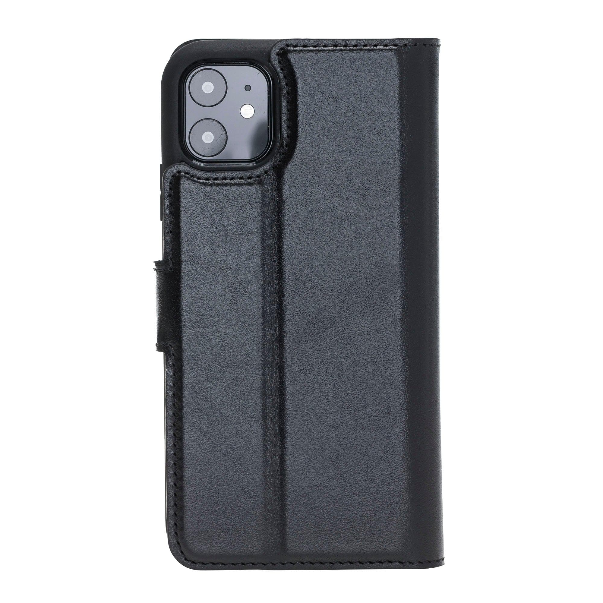 Apple iPhone 11 Series Detachable Leather Wallet Case in black, showcasing its sleek design and card slots.