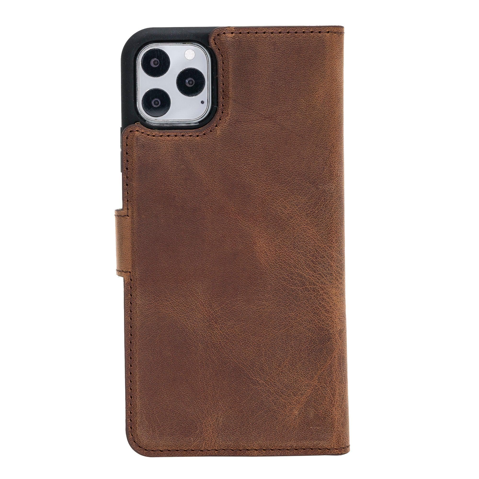 Apple iPhone 11 Series Detachable Leather Wallet Case in black, showcasing its sleek design and card slots.