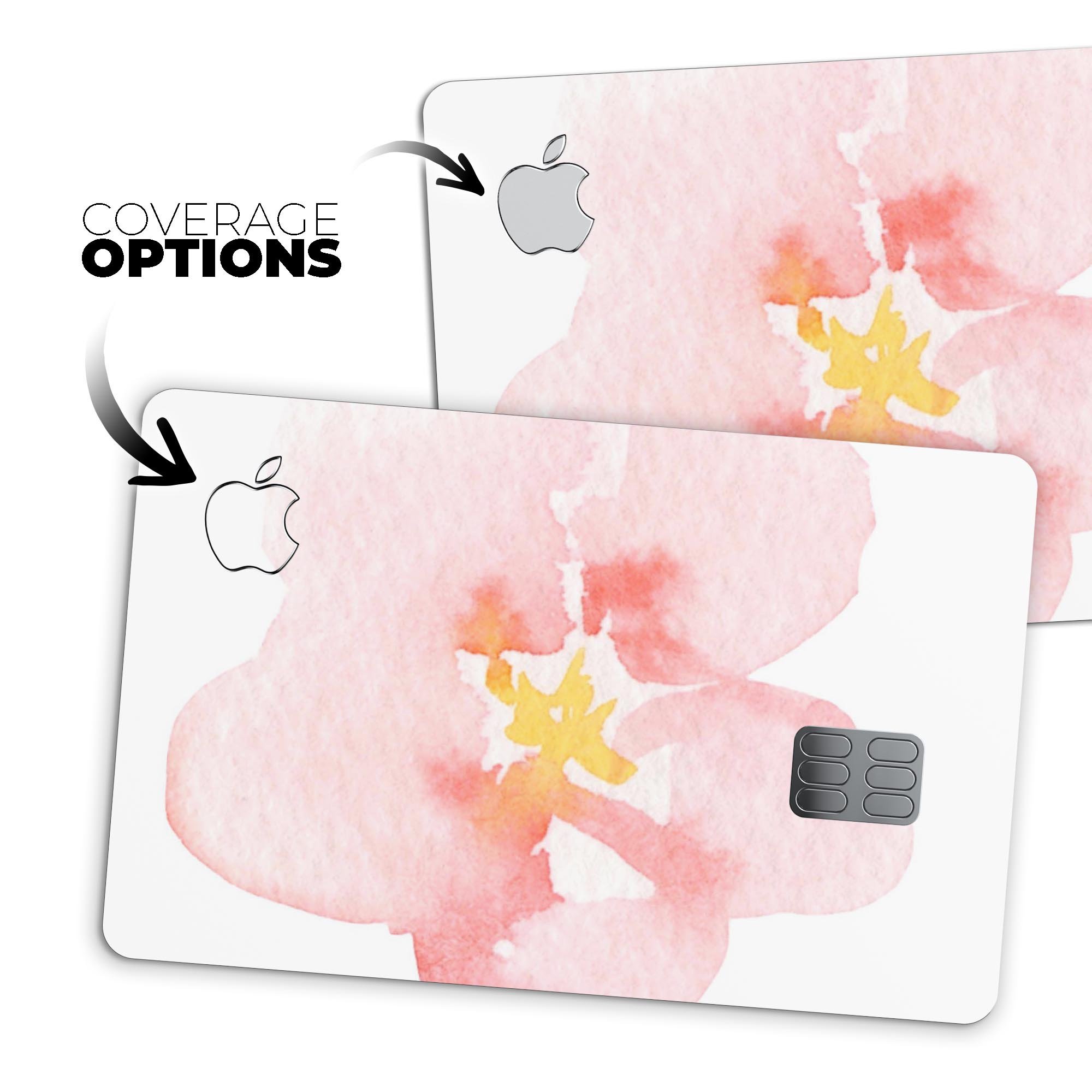 Apricot Watercolor Hibiscus decal skin for Apple Card, showcasing vibrant colors and a protective design.
