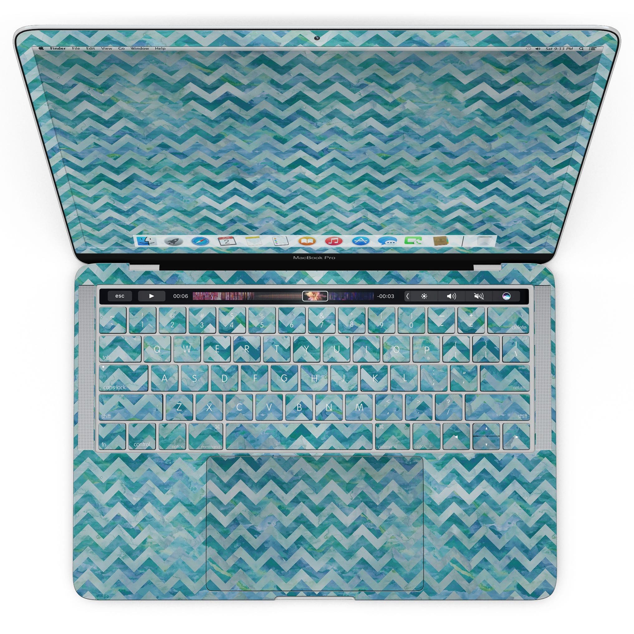 Aqua Basic Watercolor Chevron Pattern skin for MacBook Pro with Touch Bar, showcasing vibrant colors and stylish design.