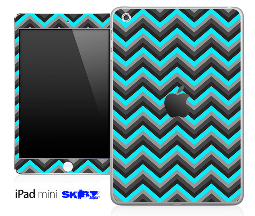 Aqua Blue, Black and Gray Chevron Pattern Skin for iPad Mini, showcasing a stylish design that enhances device protection.