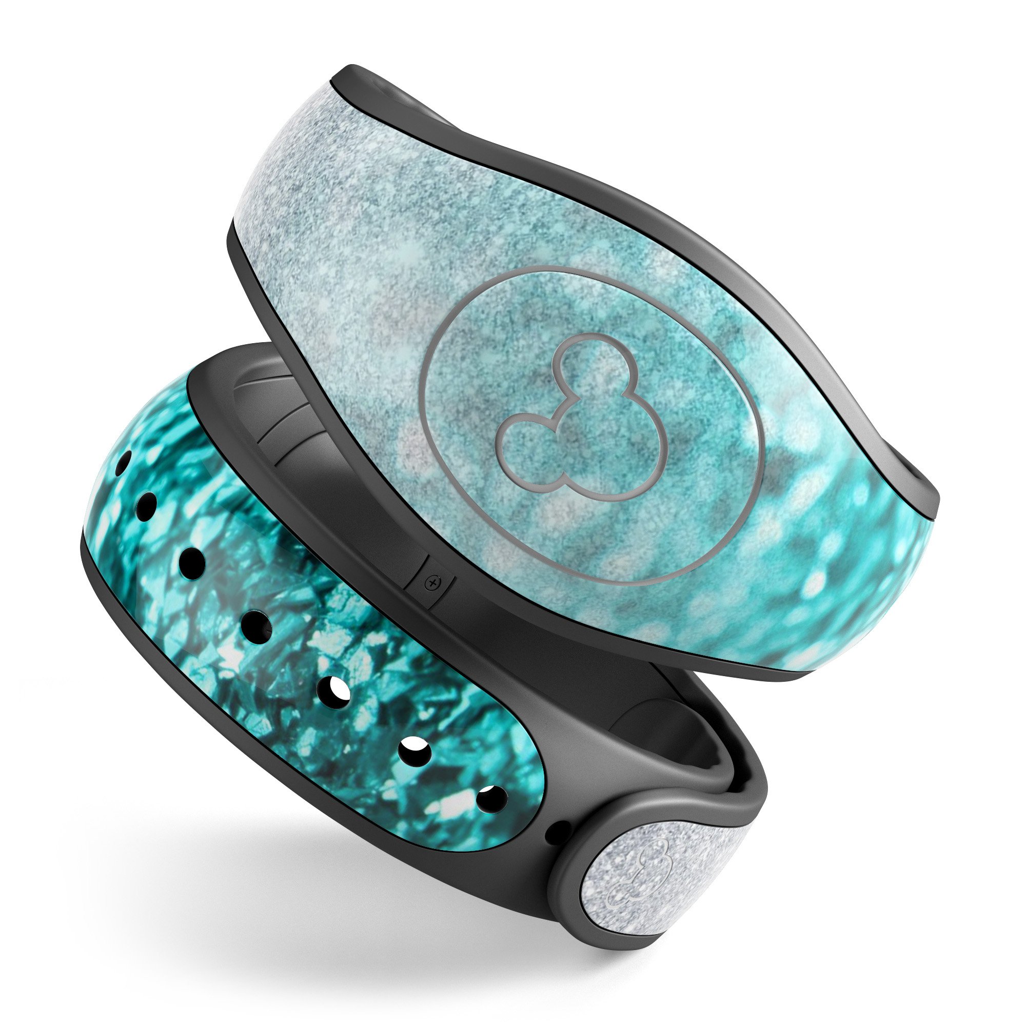 Aqua Blue & Silver Glimmer Fade decal skin wrap kit designed for Disney Magic Band, showcasing vibrant colors and a stylish fade effect.