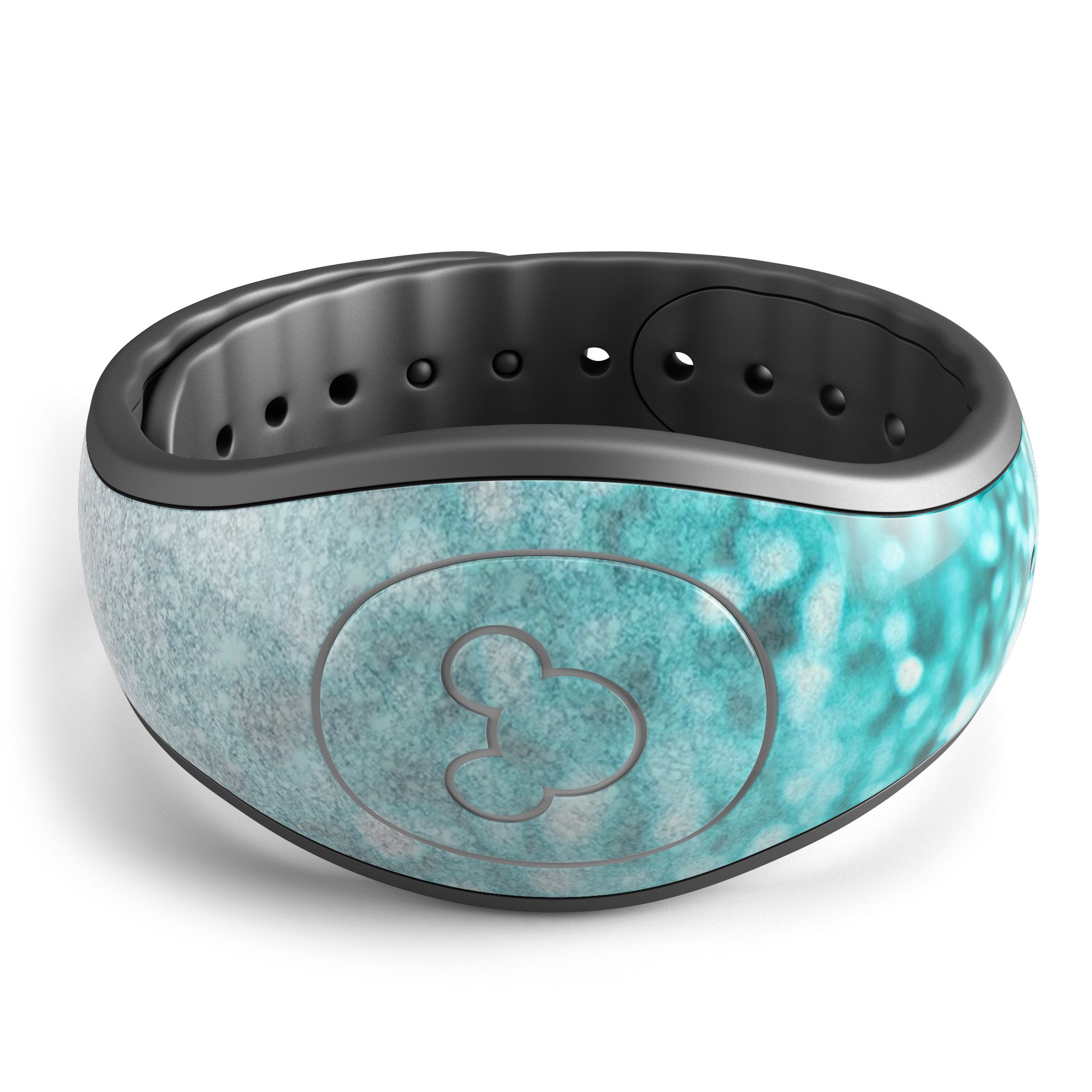 Aqua Blue & Silver Glimmer Fade decal skin wrap kit designed for Disney Magic Band, showcasing vibrant colors and a stylish fade effect.