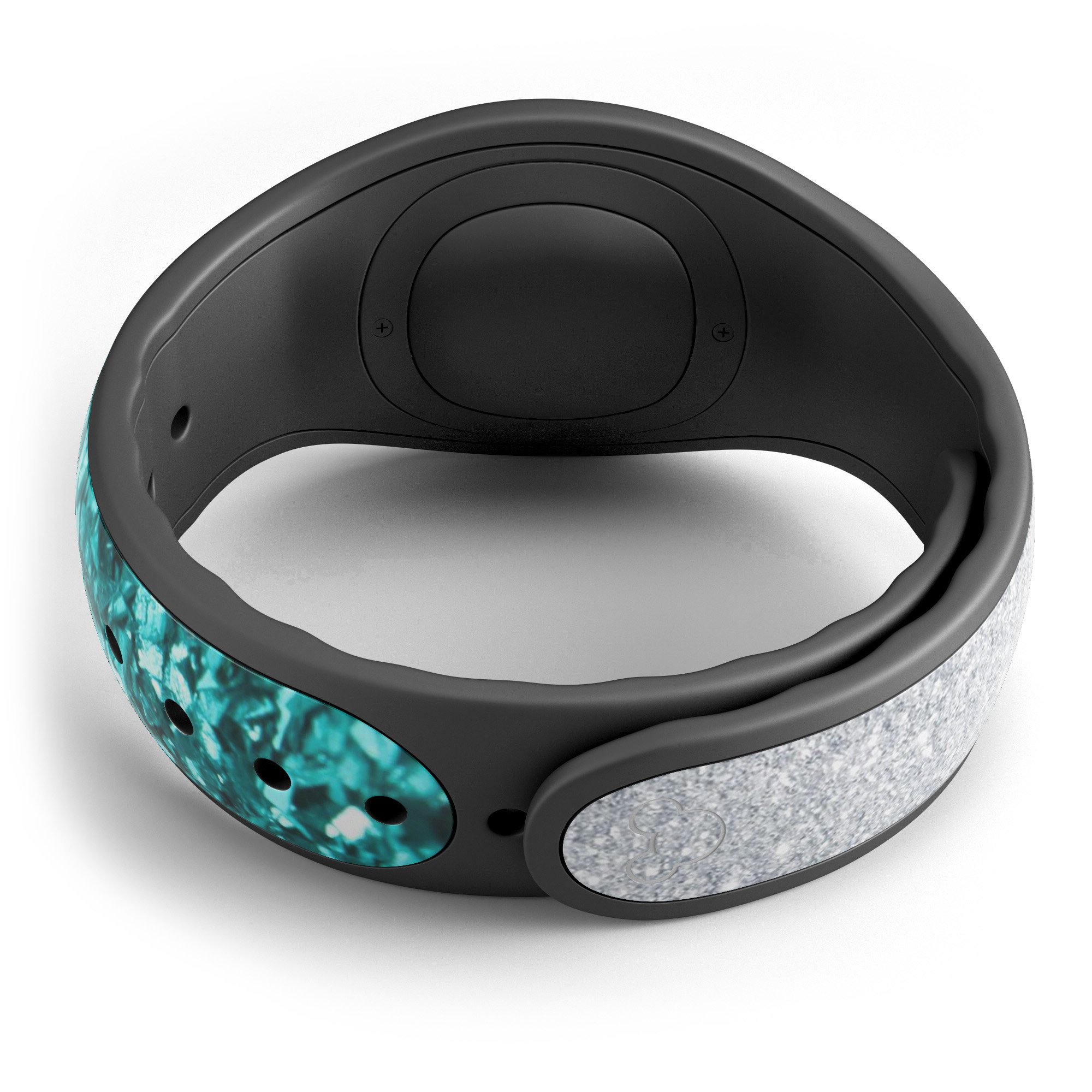 Aqua Blue & Silver Glimmer Fade decal skin wrap kit designed for Disney Magic Band, showcasing vibrant colors and a stylish fade effect.