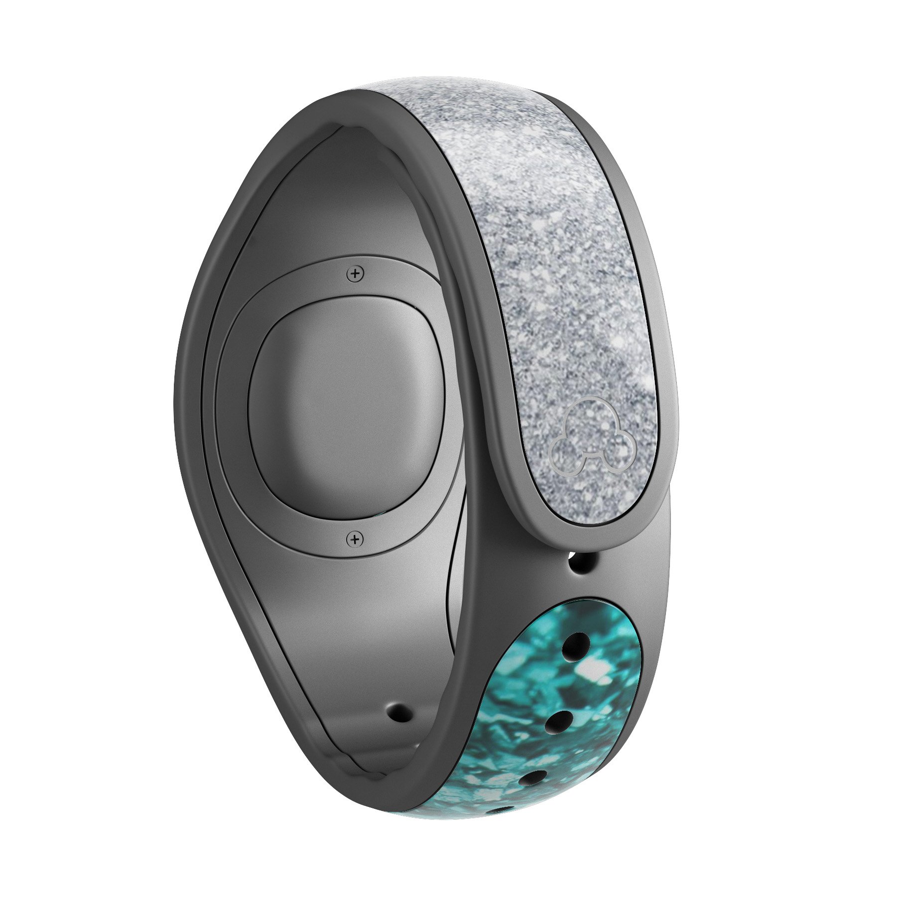 Aqua Blue & Silver Glimmer Fade decal skin wrap kit designed for Disney Magic Band, showcasing vibrant colors and a stylish fade effect.
