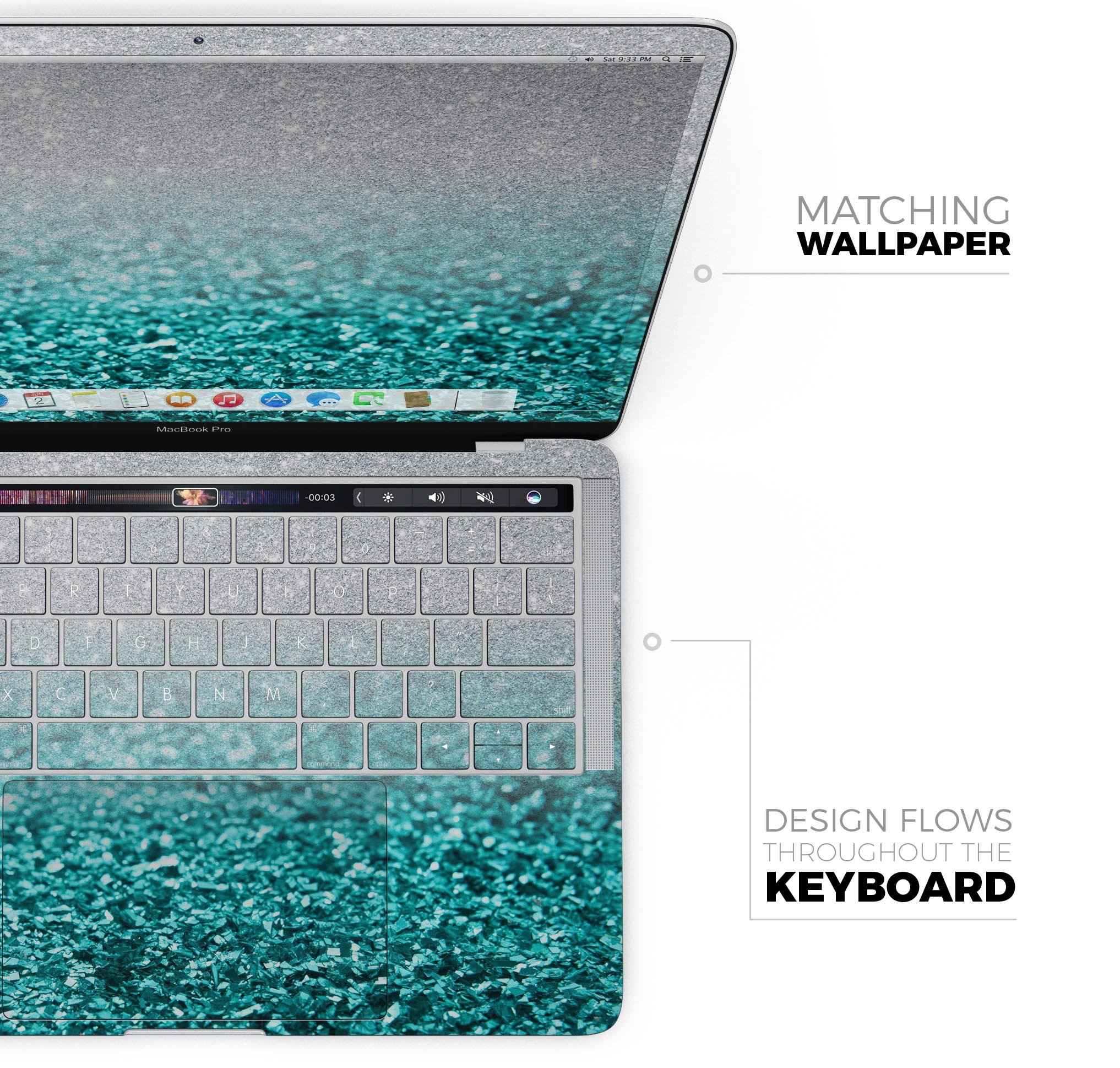 Aqua Blue & Silver Glimmer Fade skin decal wrap kit for MacBook, showcasing vibrant colors and sleek design.