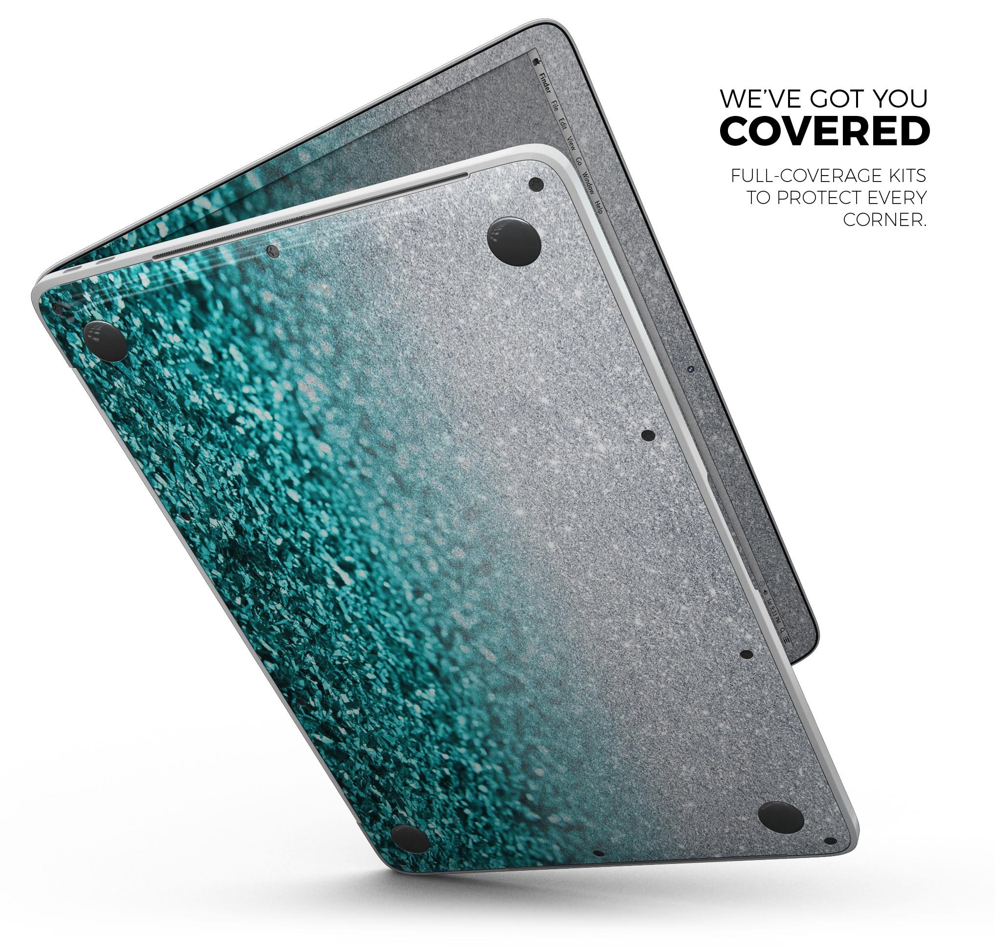 Aqua Blue & Silver Glimmer Fade skin decal wrap kit for MacBook, showcasing vibrant colors and sleek design.
