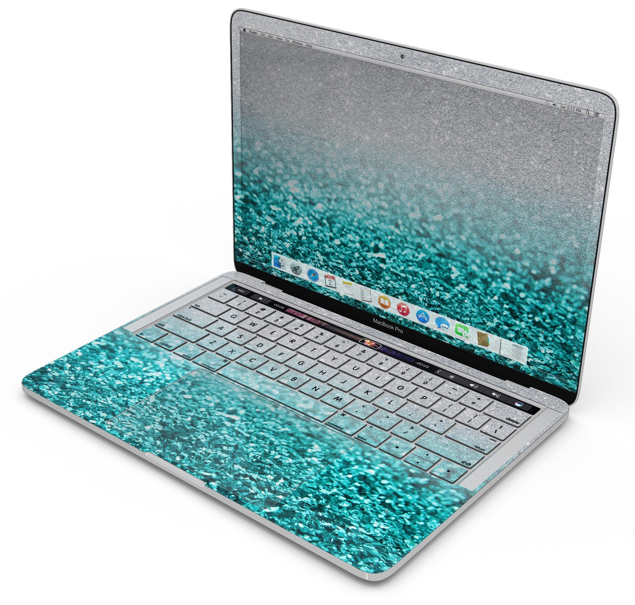Aqua Blue & Silver Glimmer Fade skin decal wrap kit for MacBook, showcasing vibrant colors and sleek design.