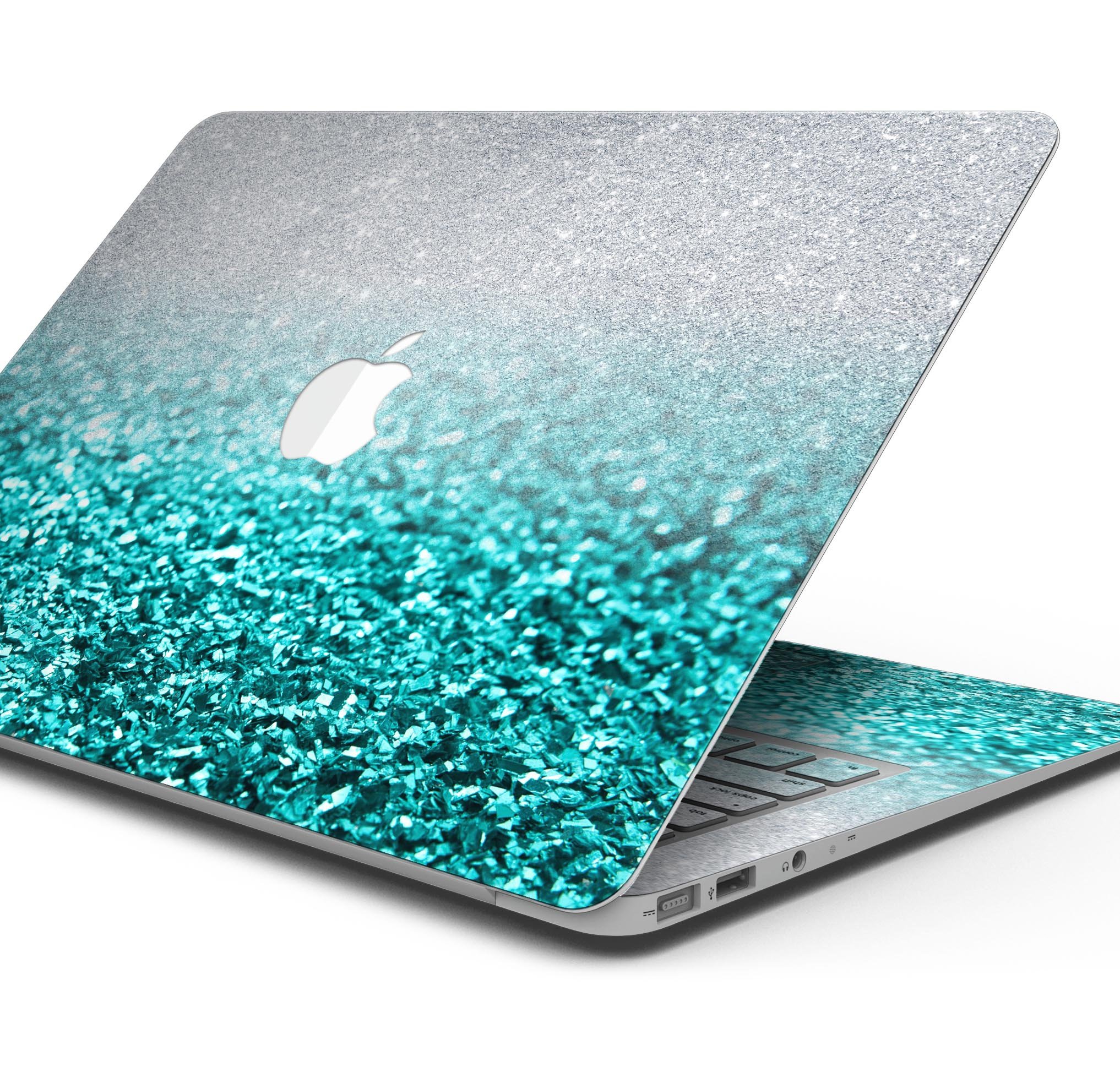 Aqua Blue & Silver Glimmer Fade skin decal wrap kit for MacBook, showcasing vibrant colors and a sleek design.