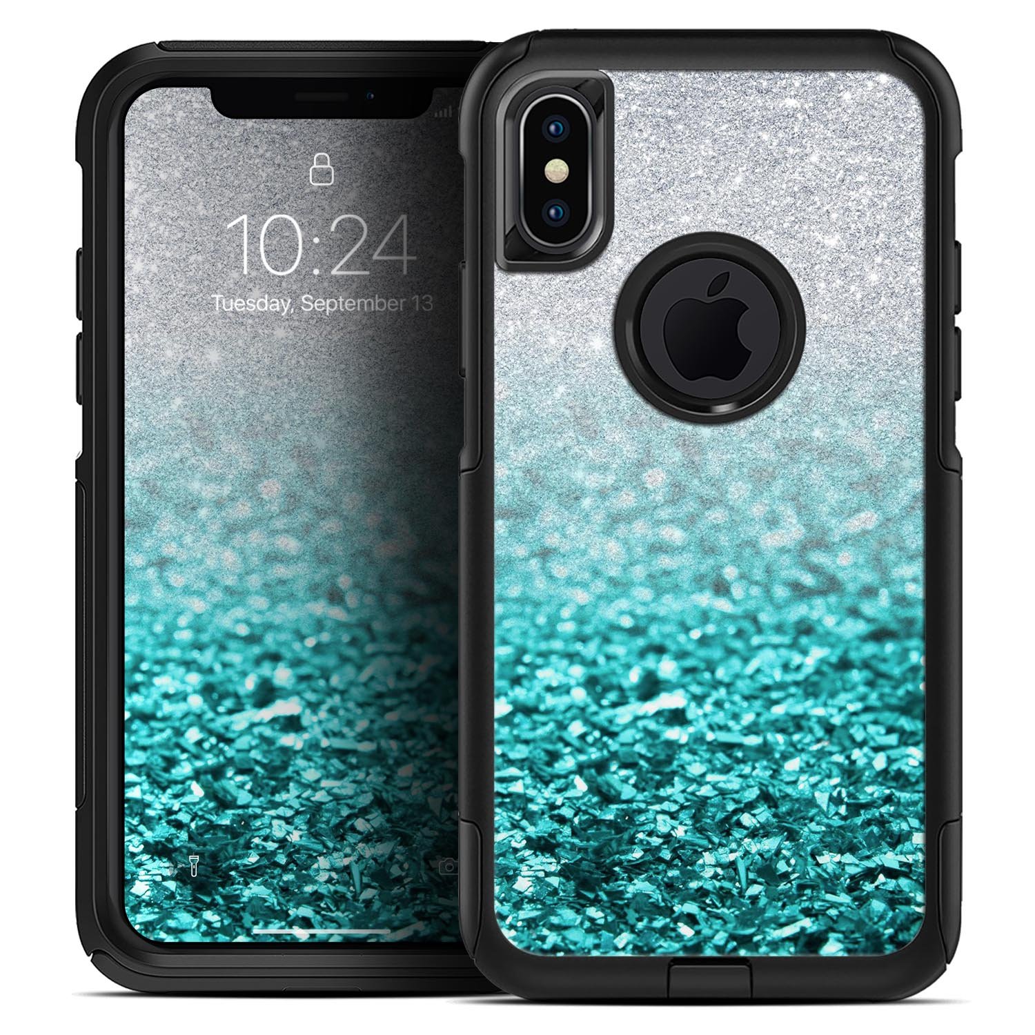 Aqua Blue & Silver Glimmer Fade Skin Kit for iPhone OtterBox, showcasing its vibrant colors and sleek design.