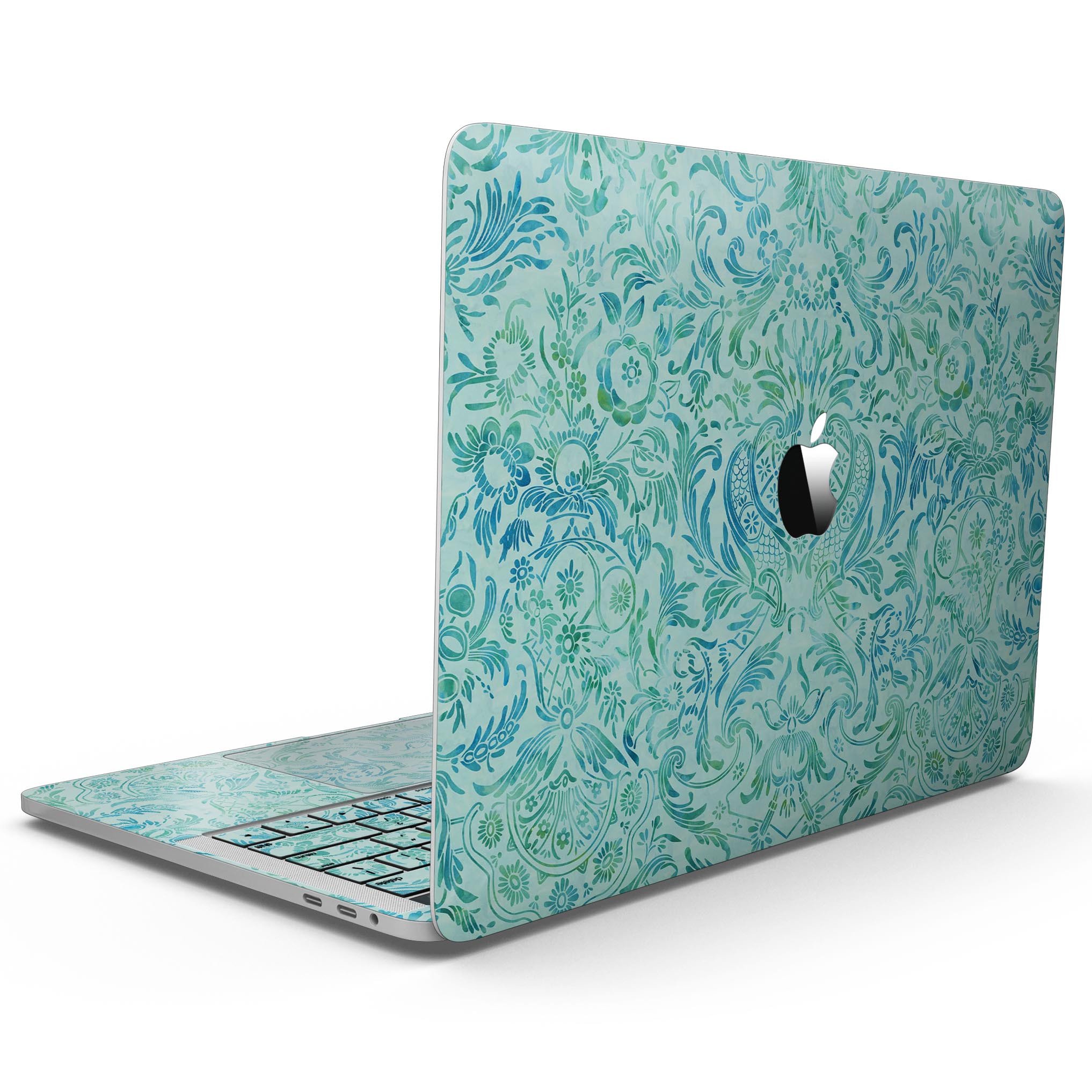 Aqua Damask v2 Watercolor Pattern skin for MacBook Pro with Touch Bar, showcasing vibrant colors and intricate design.