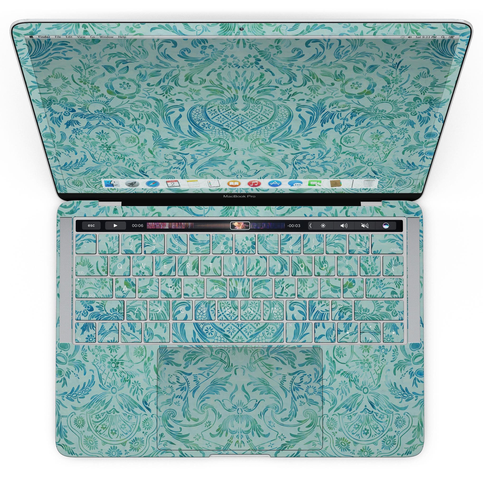 Aqua Damask v2 Watercolor Pattern skin for MacBook Pro with Touch Bar, showcasing vibrant colors and intricate design.