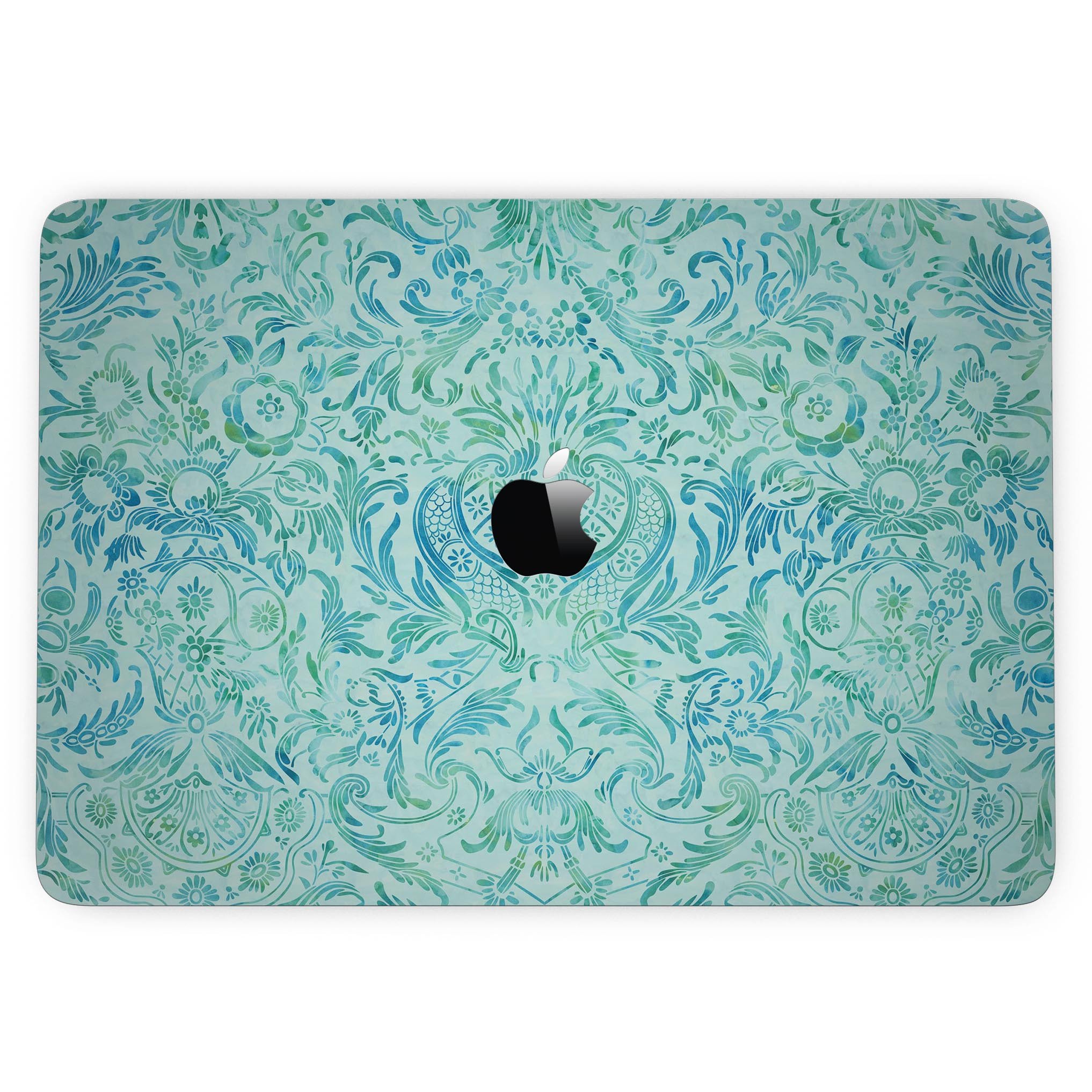 Aqua Damask v2 Watercolor Pattern skin for MacBook Pro with Touch Bar, showcasing vibrant colors and intricate design.