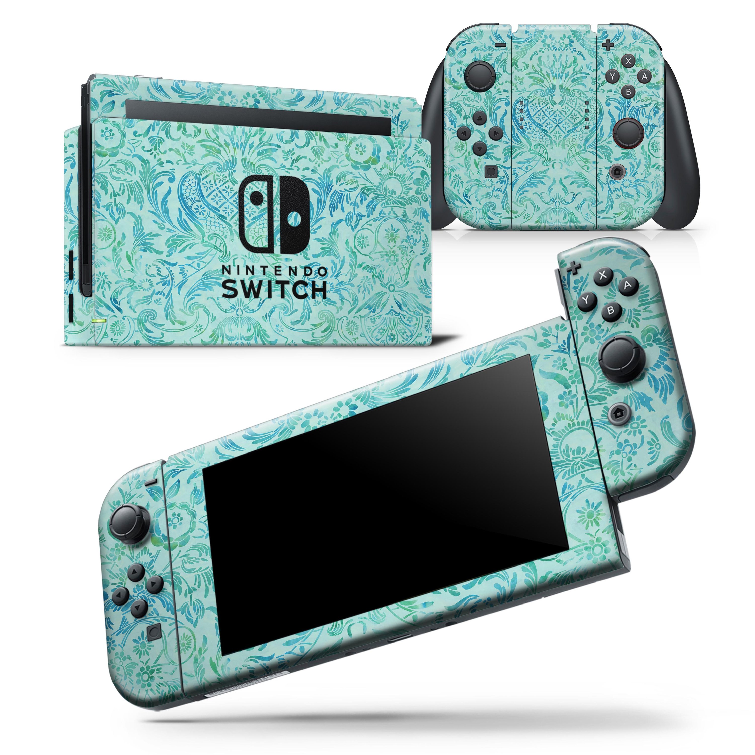 Aqua Damask v2 Watercolor Pattern skin wrap decal for Nintendo Switch, showcasing vibrant colors and intricate design.