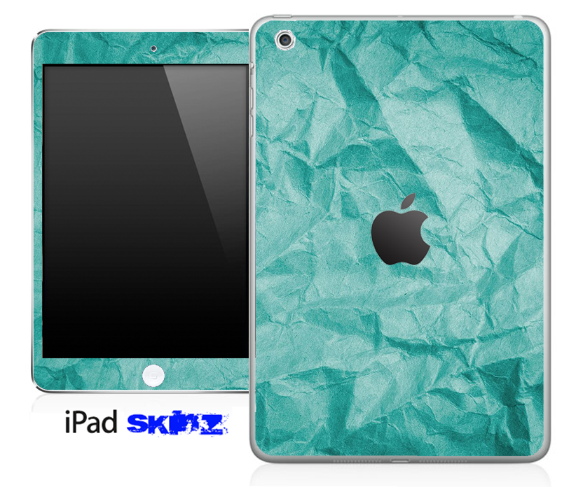 Aqua Green Crumpled Paper Skin for iPad Mini, showcasing its unique texture and vibrant color, designed for protection and style.
