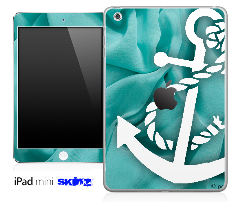 Aqua Green Sheets and White Anchor Skin designed for iPad Mini, showcasing vibrant colors and a sleek design.