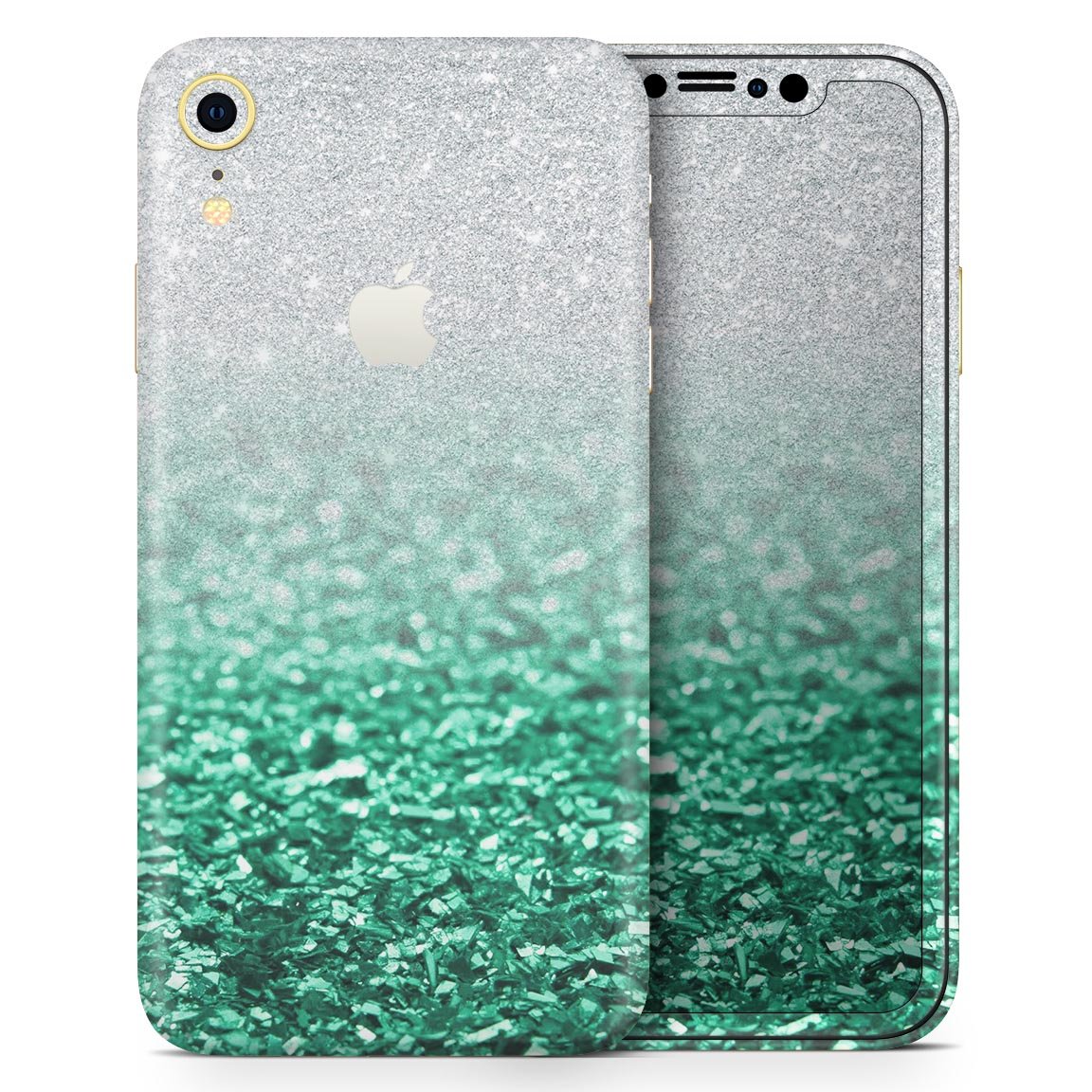 Aqua Green & Silver Glimmer Fade Skin-Kit for Apple iPhone XR, showcasing its vibrant colors and sleek design.