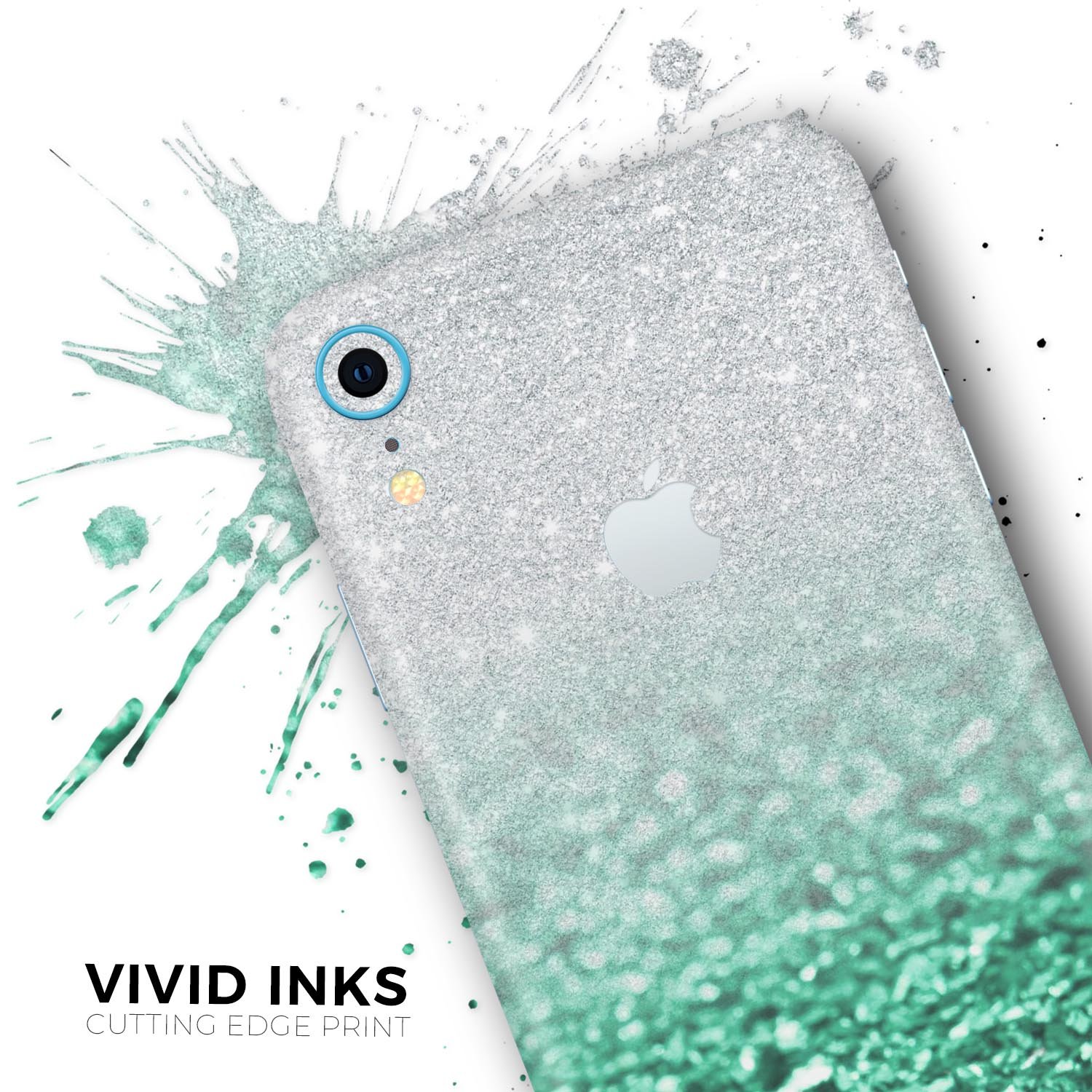 Aqua Green & Silver Glimmer Fade Skin-Kit for Apple iPhone XR, showcasing its vibrant colors and sleek design.