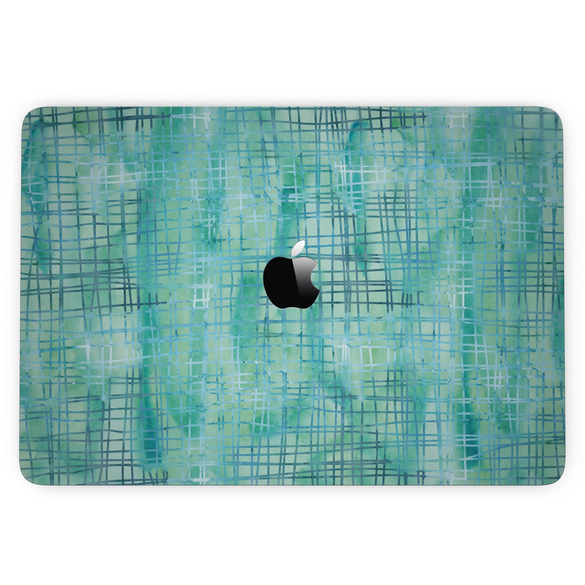 Aqua Watercolor Cross Hatch skin for 13" MacBook Pro without Touch Bar, showcasing vibrant colors and unique design.