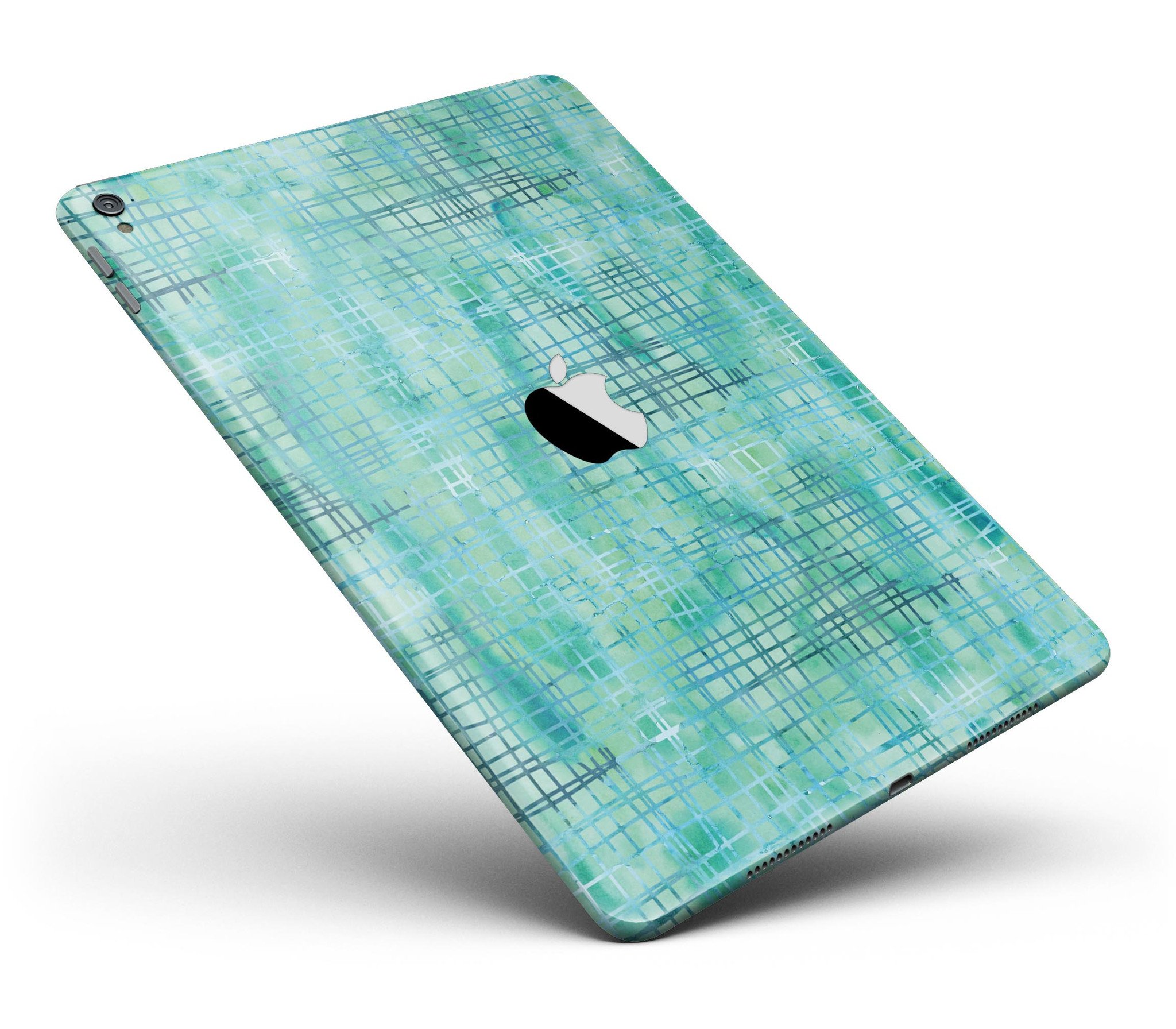 Aqua Watercolor Cross Hatch Full Body Skin for iPad Pro, showcasing vibrant colors and a stylish design.
