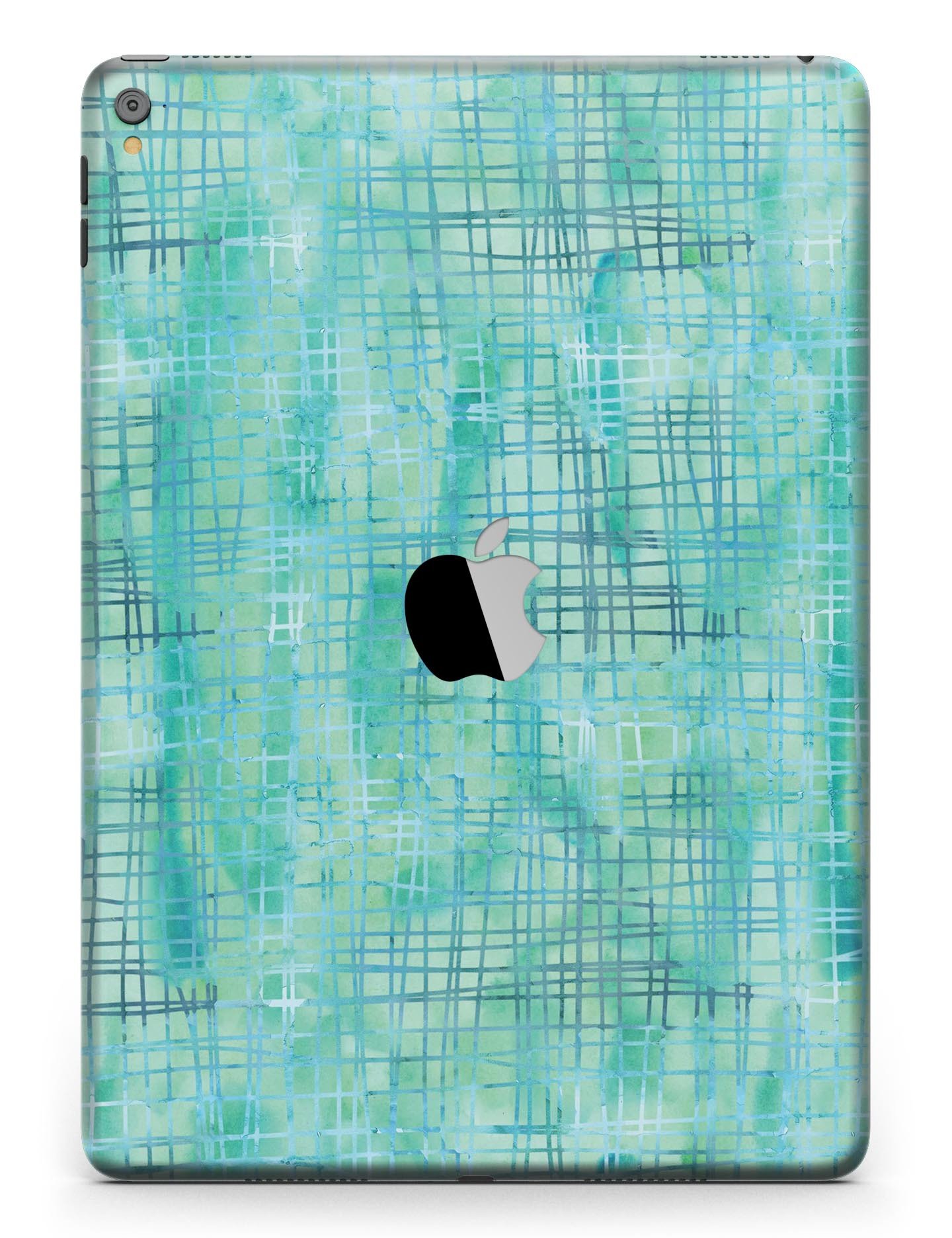 Aqua Watercolor Cross Hatch Full Body Skin for iPad Pro, showcasing vibrant colors and a stylish design.