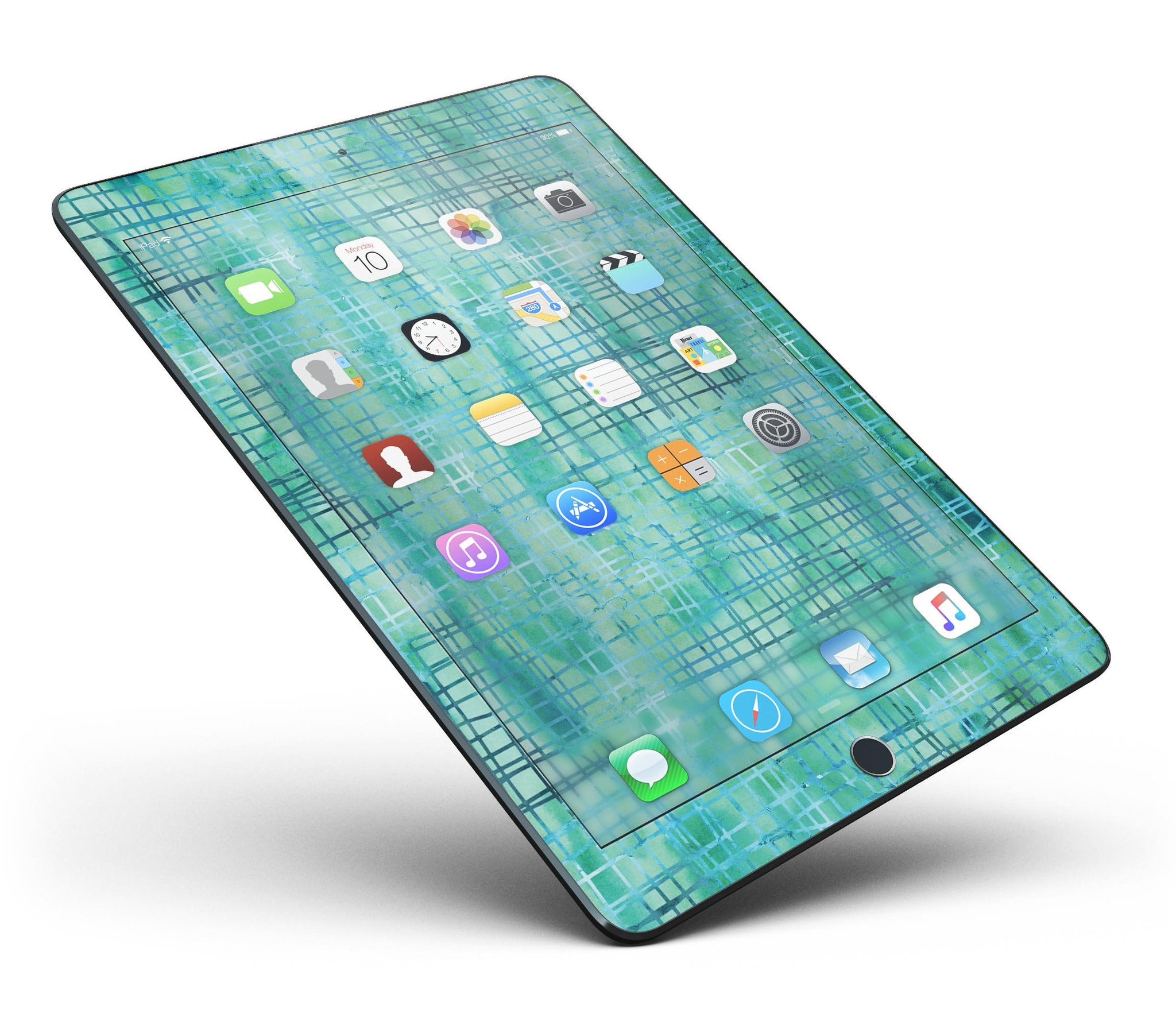 Aqua Watercolor Cross Hatch Full Body Skin for iPad Pro, showcasing vibrant colors and a stylish design.