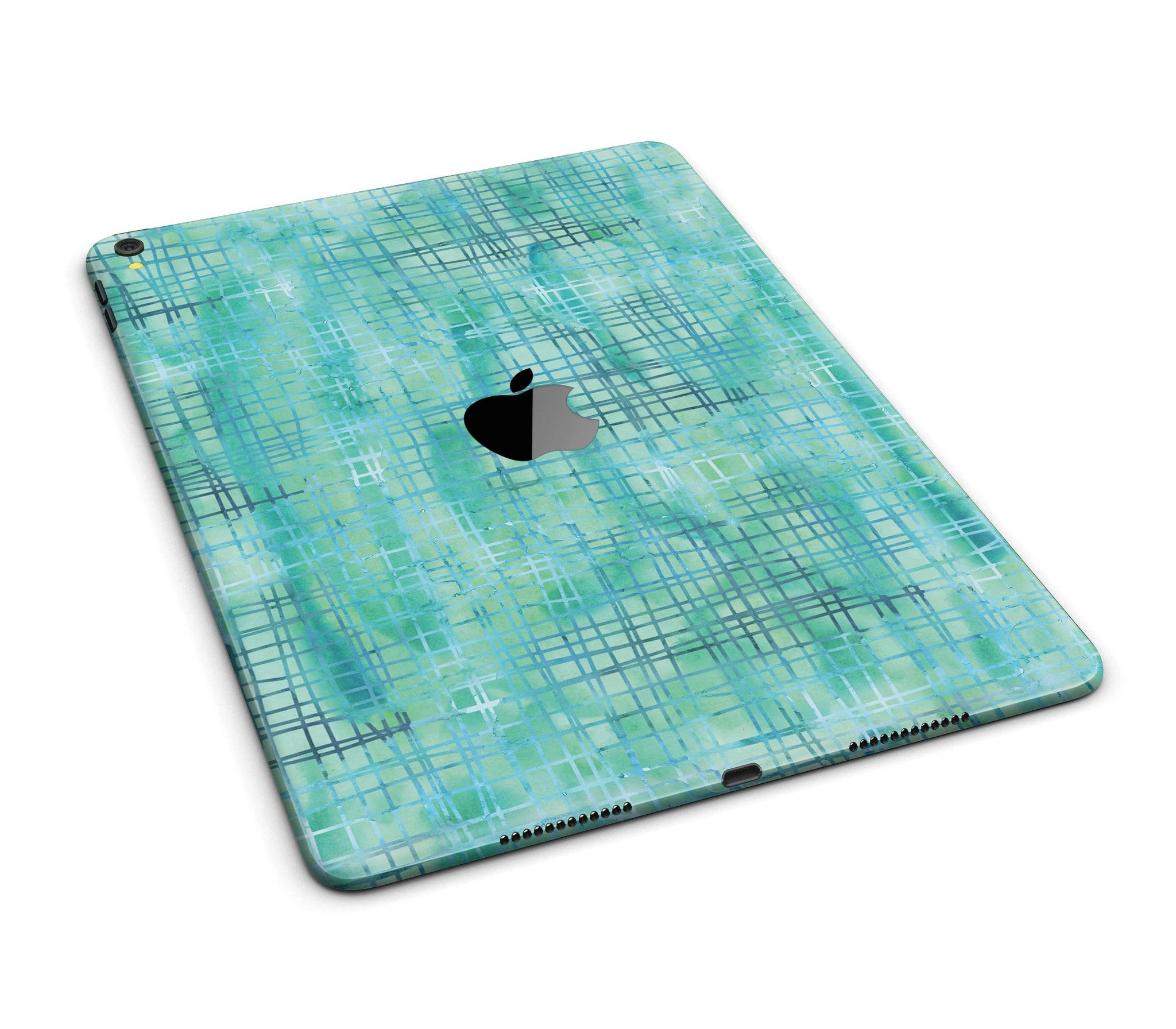 Aqua Watercolor Cross Hatch Full Body Skin for iPad Pro, showcasing vibrant colors and a stylish design.